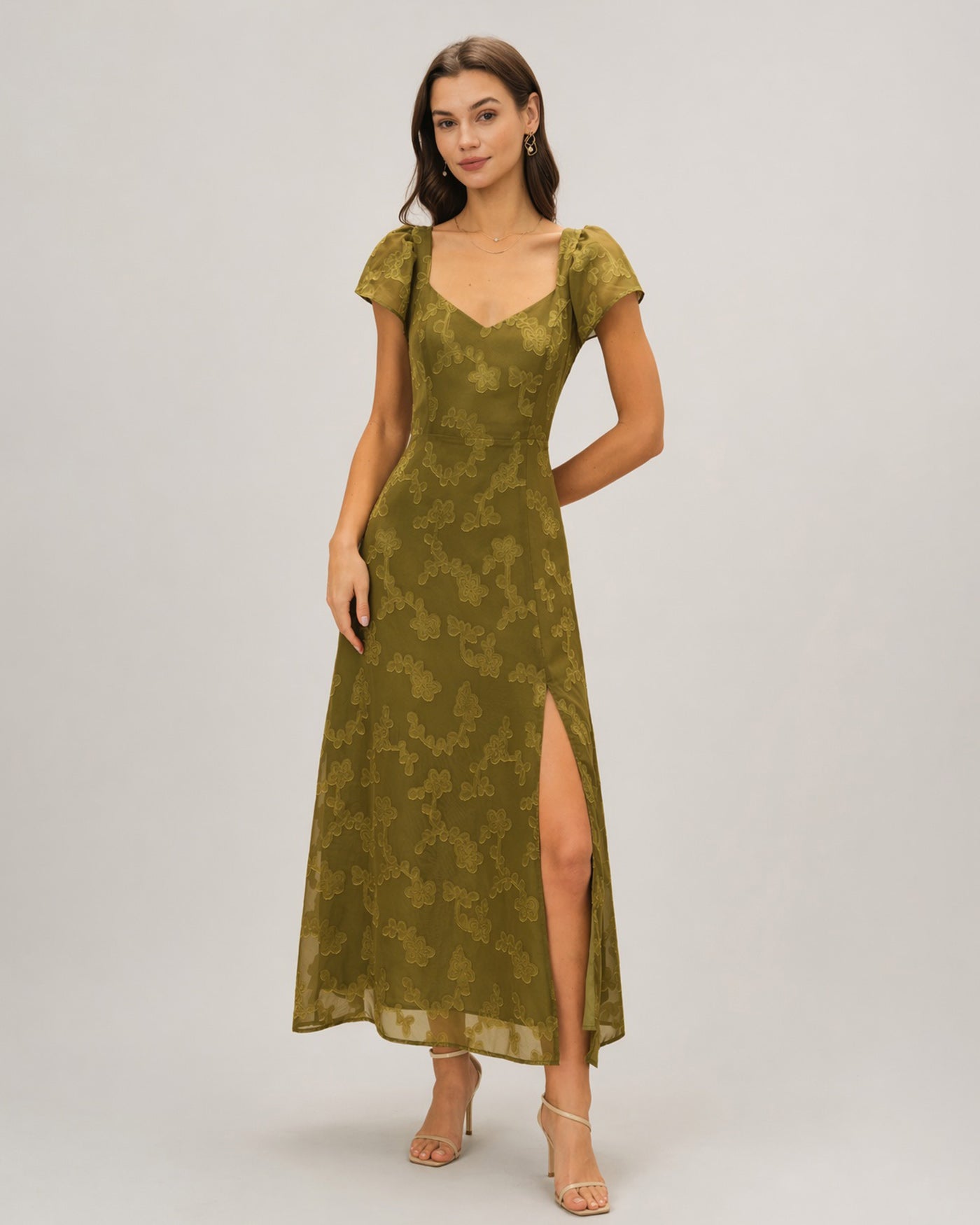 Vestido longo em jacquard com decote coração — Verde