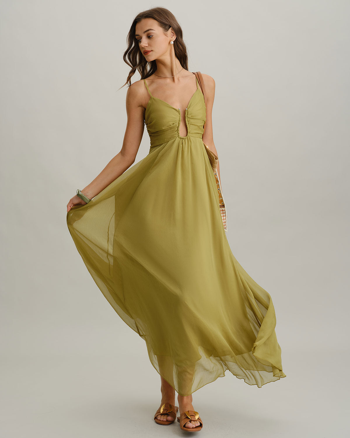 Vestido slip longo com franzidos — Verde