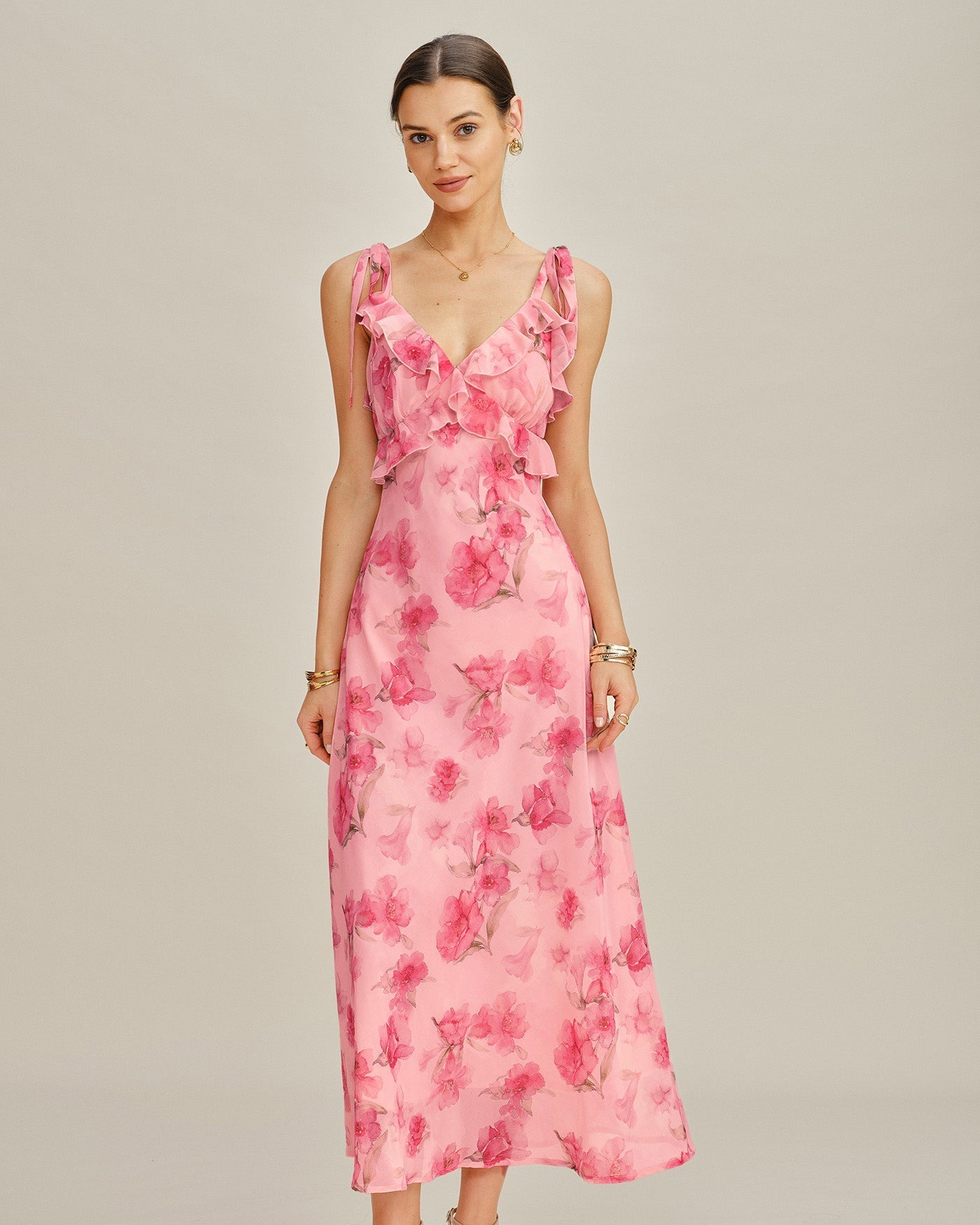 Vestido Longo Estilo Slip em Chiffon Rosa Floral com Babados