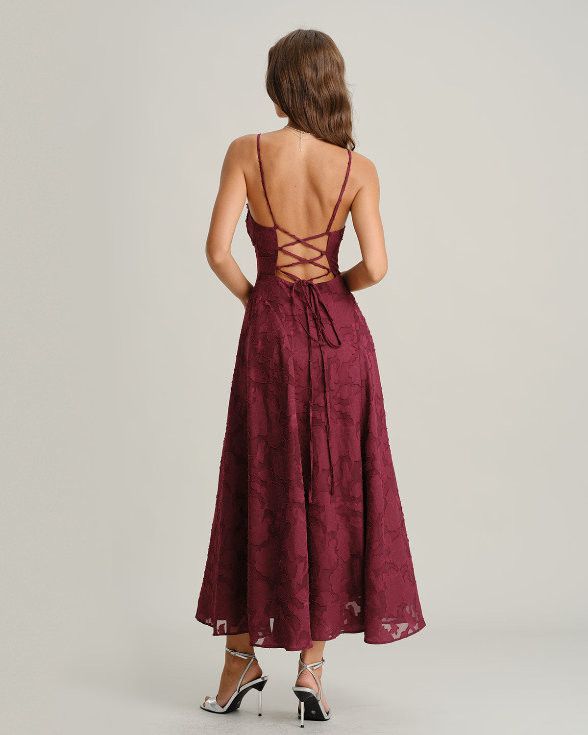 Vestido maxi slip em jacquard — Vinho