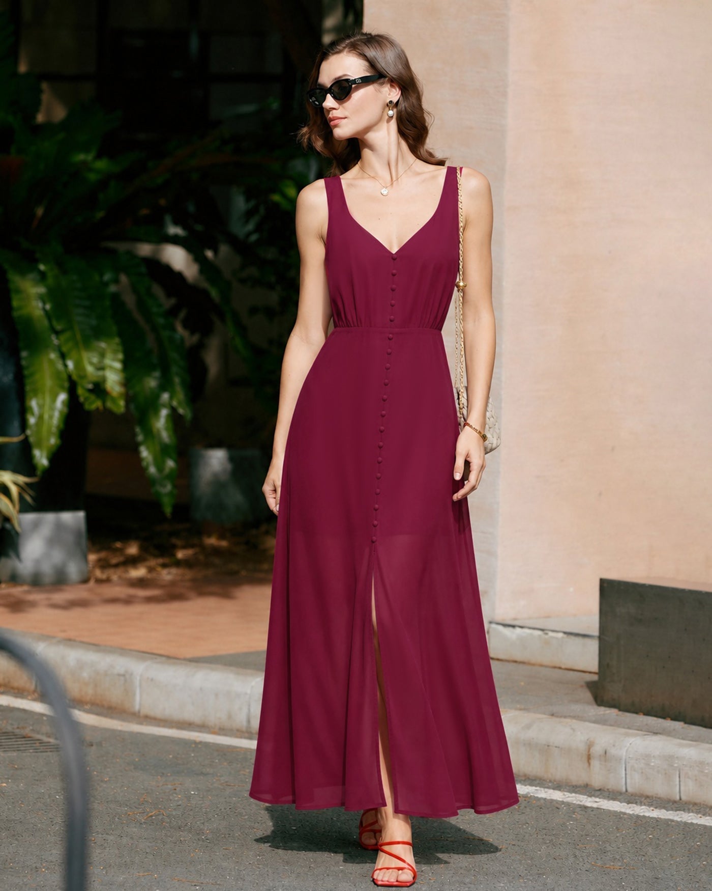 Vestido longo de chiffon com fenda e botões — Vinho