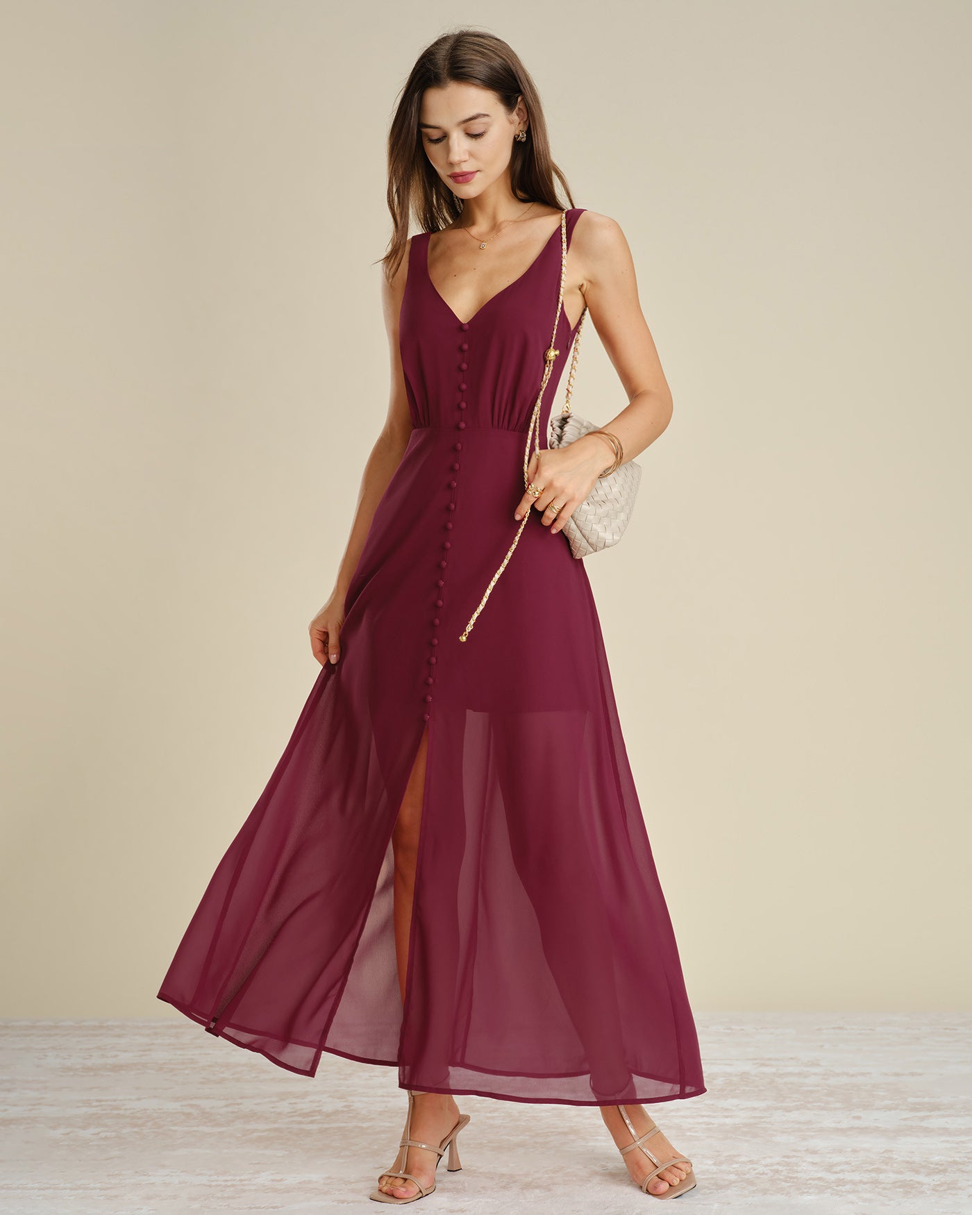 Vestido longo de chiffon com fenda e botões — Vinho