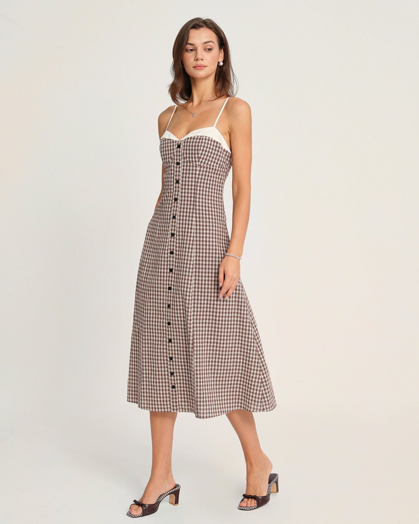 Vestido Midi Slip Xadrez Café