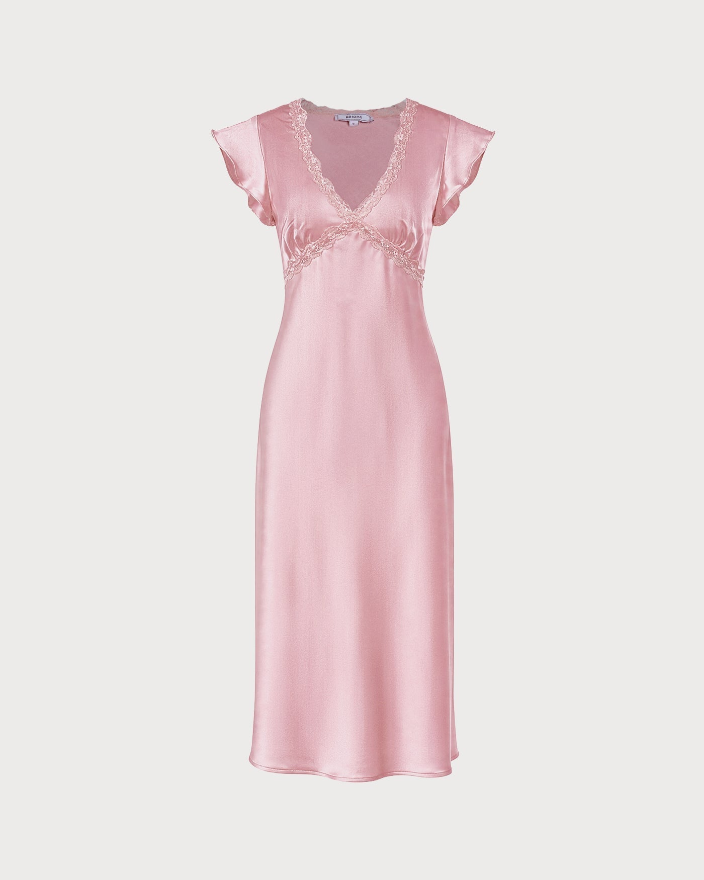 Vestido midi em cetim com renda e decote em V — Rosa