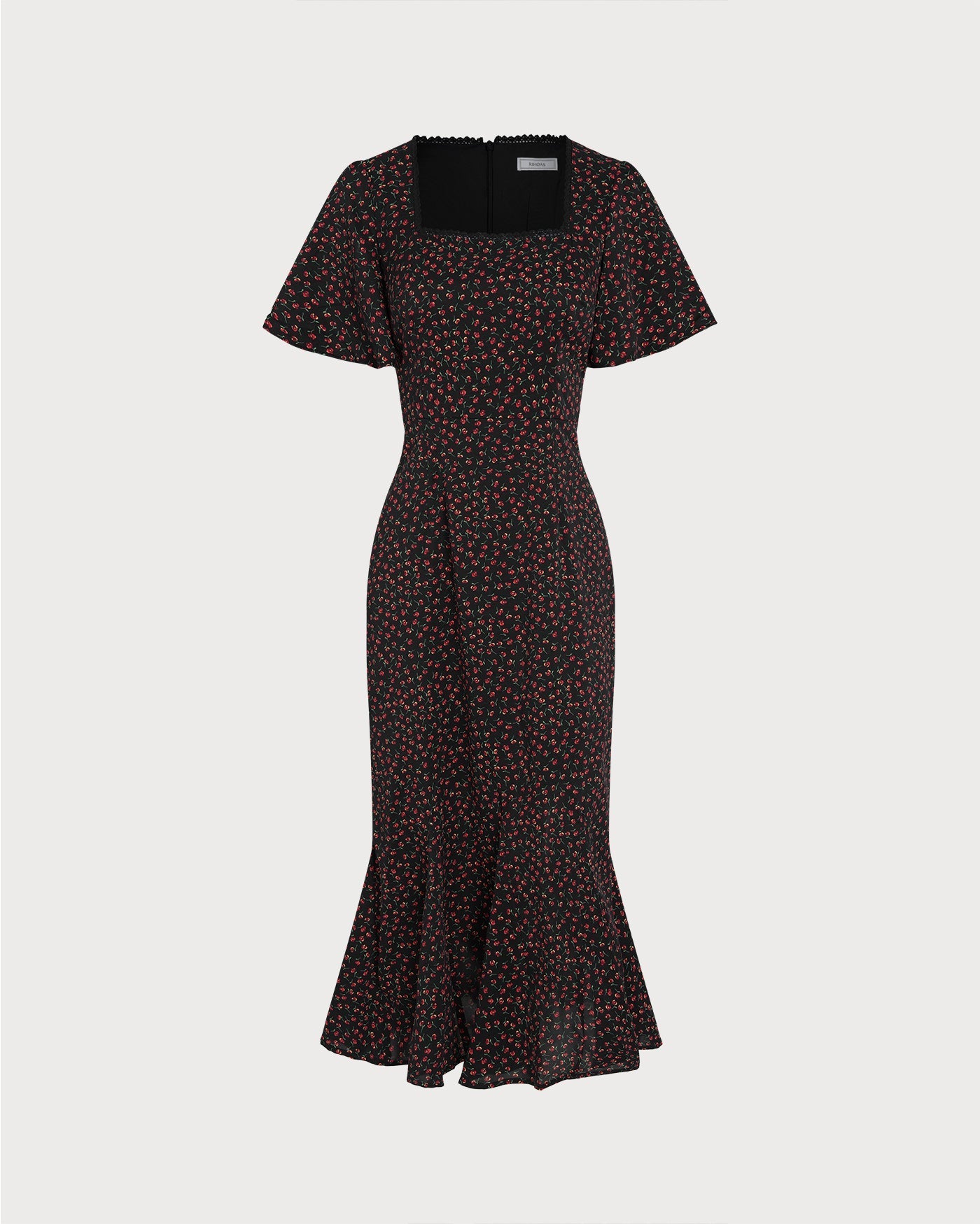 Vestido midi floral preto com decote quadrado e mangas borboleta
