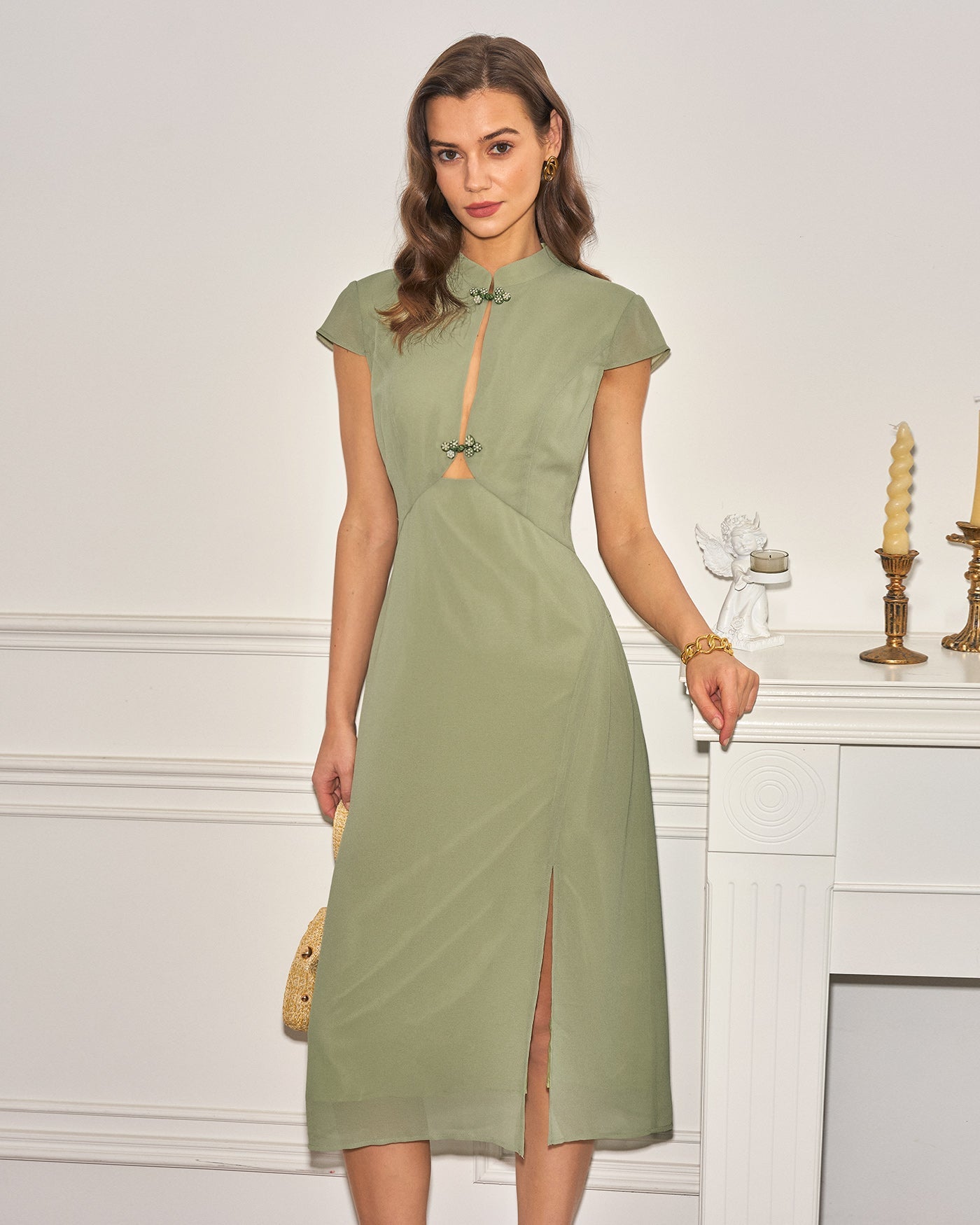 Vestido midi em chiffon com gola mandarim — Verde