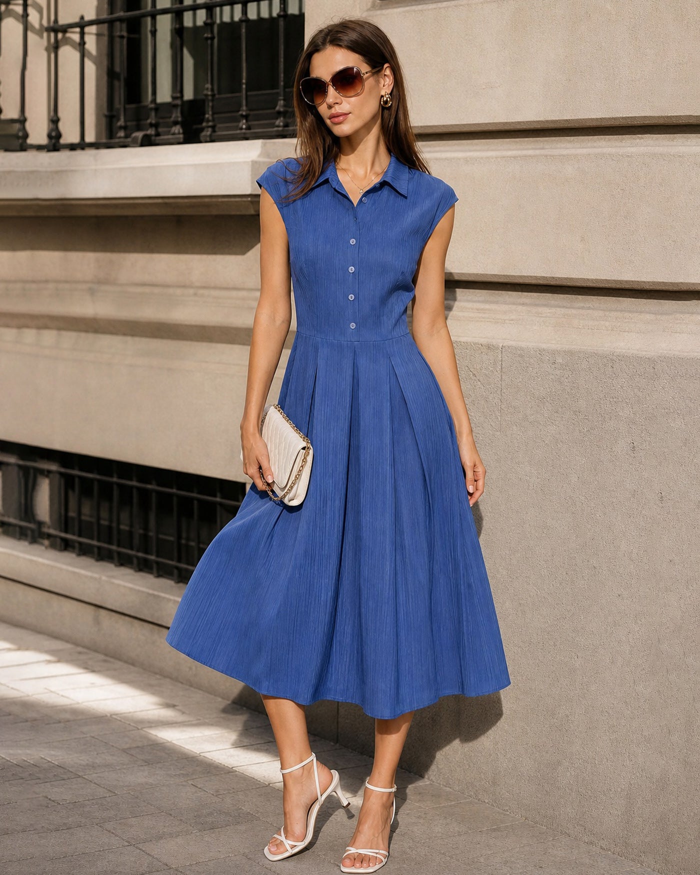 Vestido midi com gola azul e botões frontais