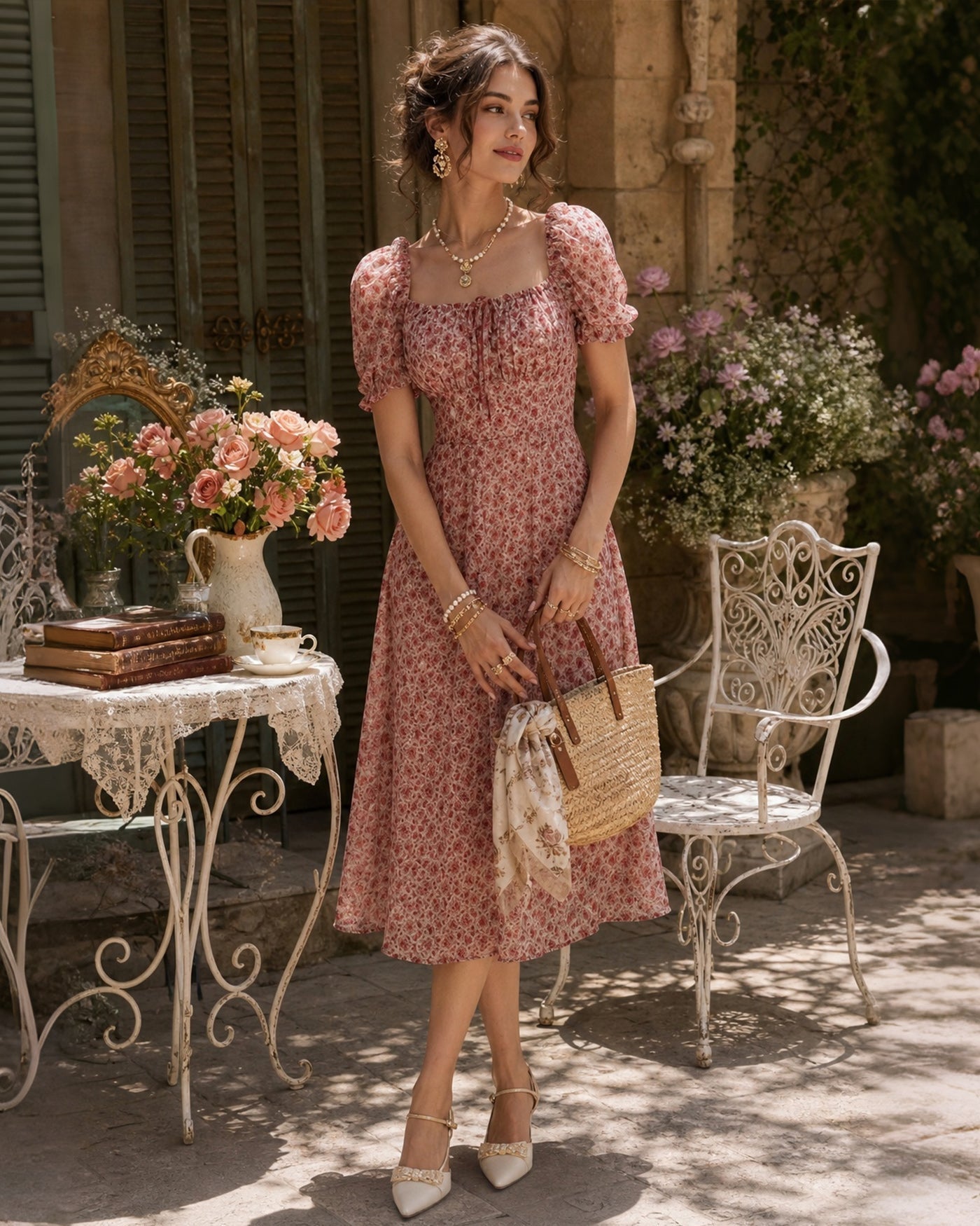 Vestido midi rosa em chiffon com decote quadrado e estampa floral