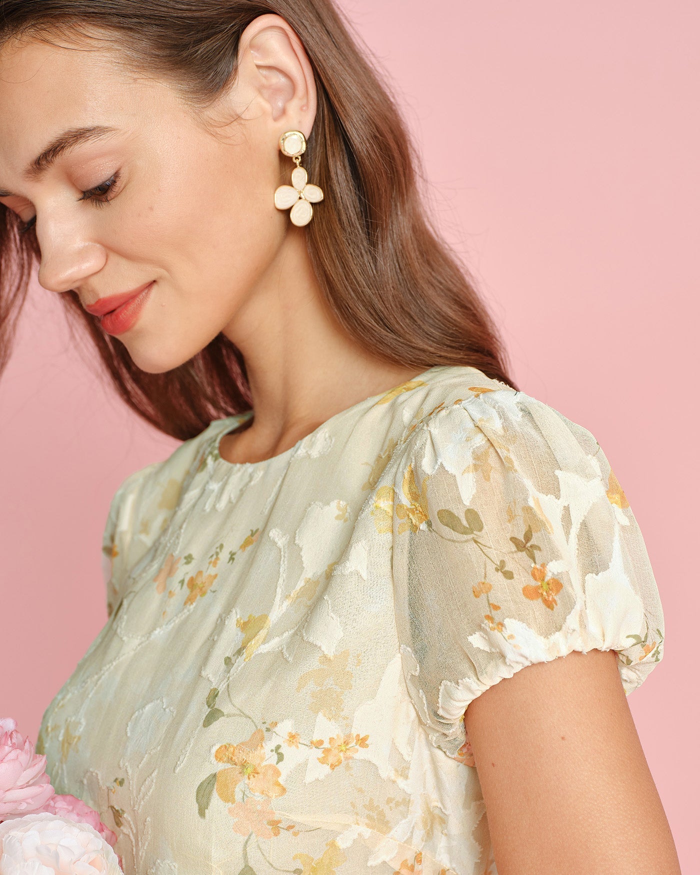 Vestido Midi Amarelo em Jacquard com Mangas Bufantes