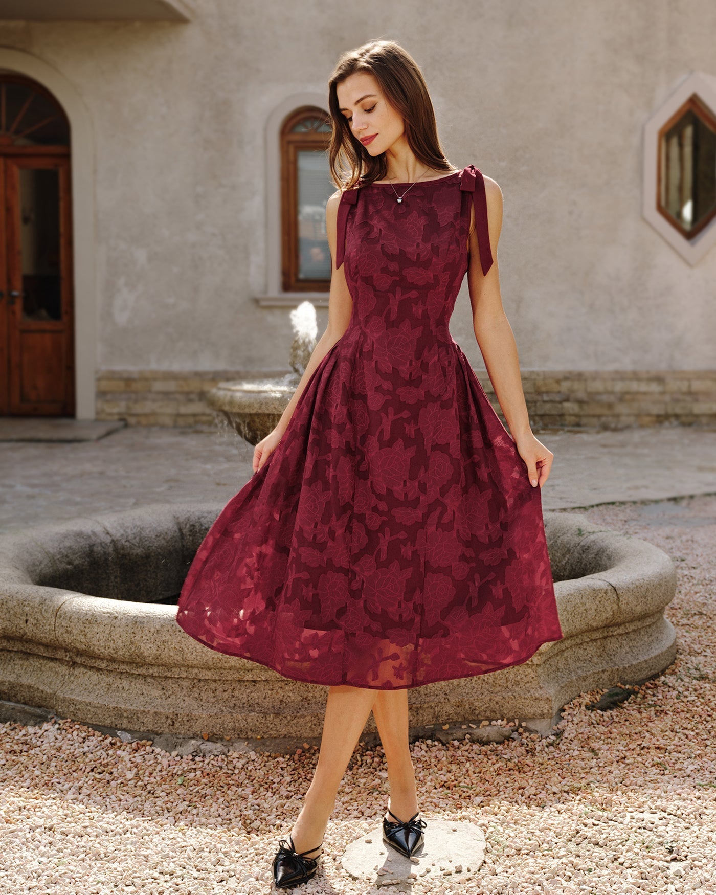 Vestido midi em chiffon jacquard vermelho