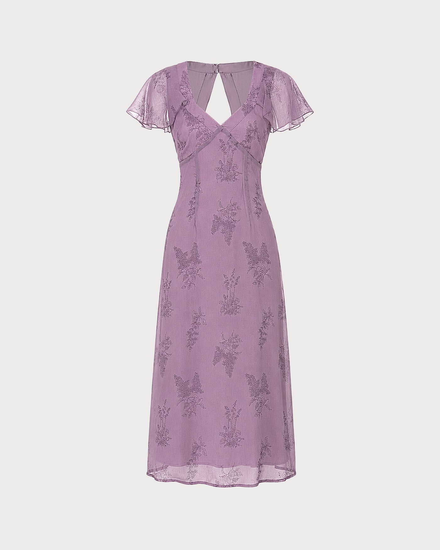 Vestido midi floral roxo com decote em V e mangas borboleta