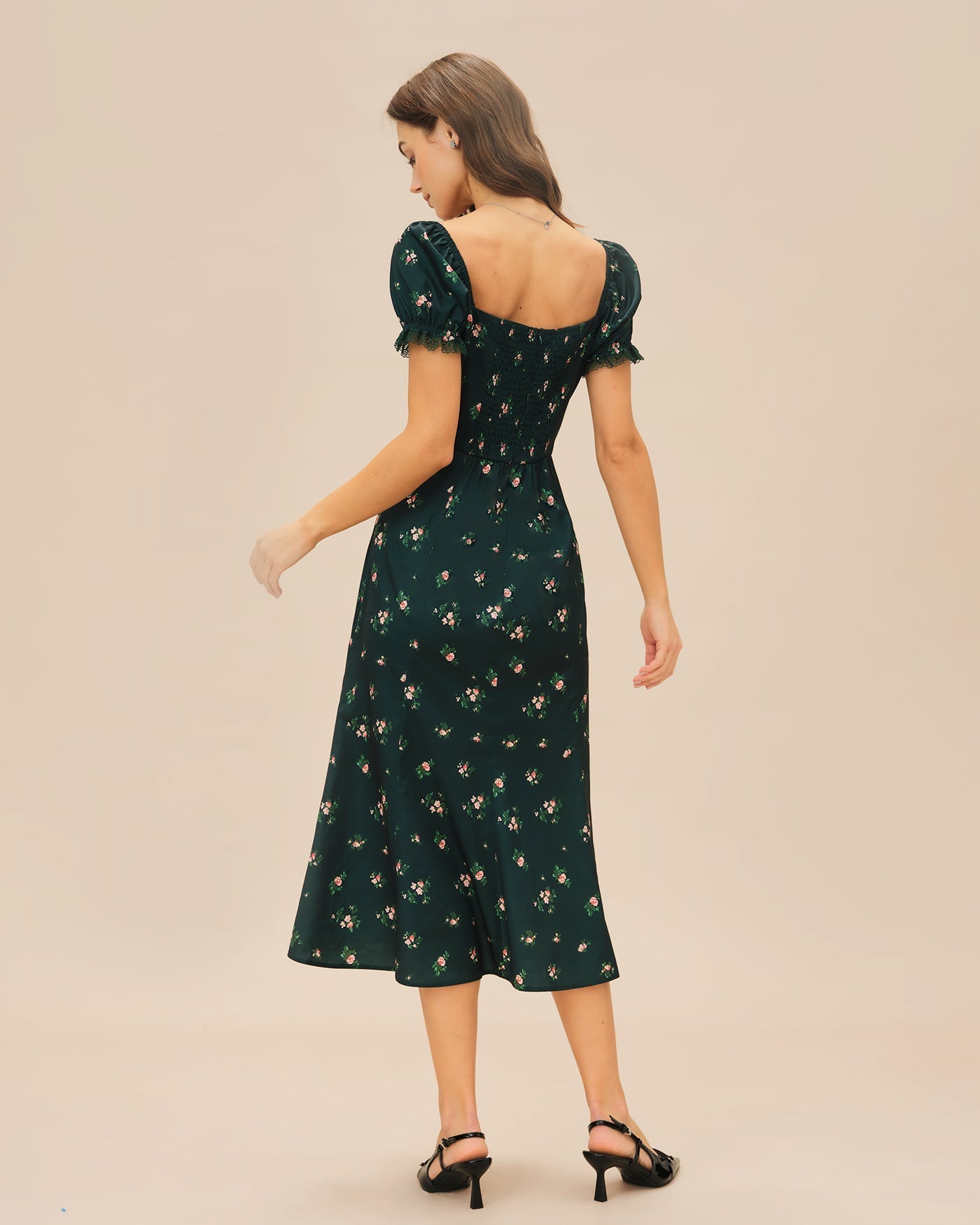 Vestido midi floral com mangas bufantes — Verde