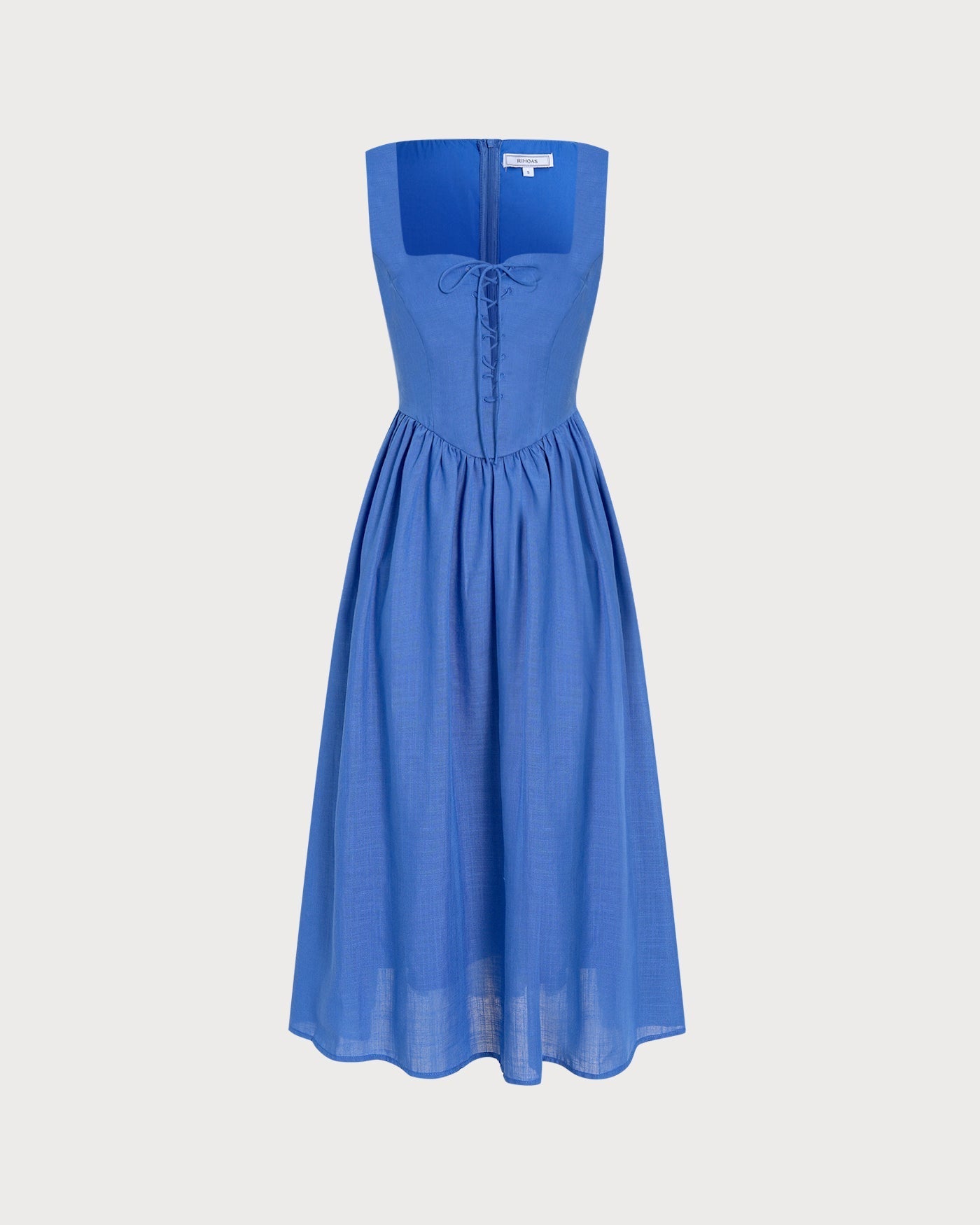 Vestido midi azul com decote quadrado, detalhe em amarração e bolsos