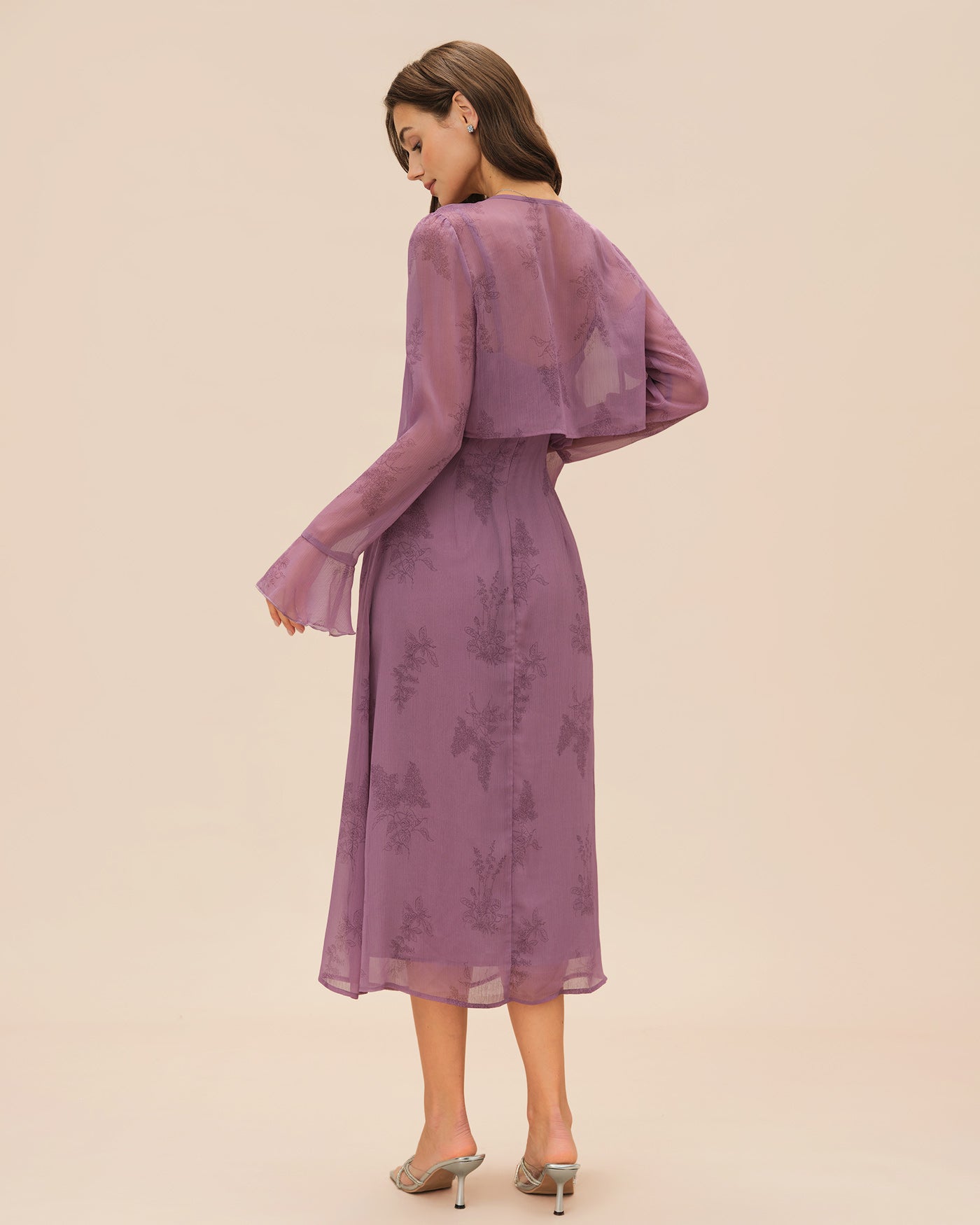 Vestido midi slip floral roxo com franzidos