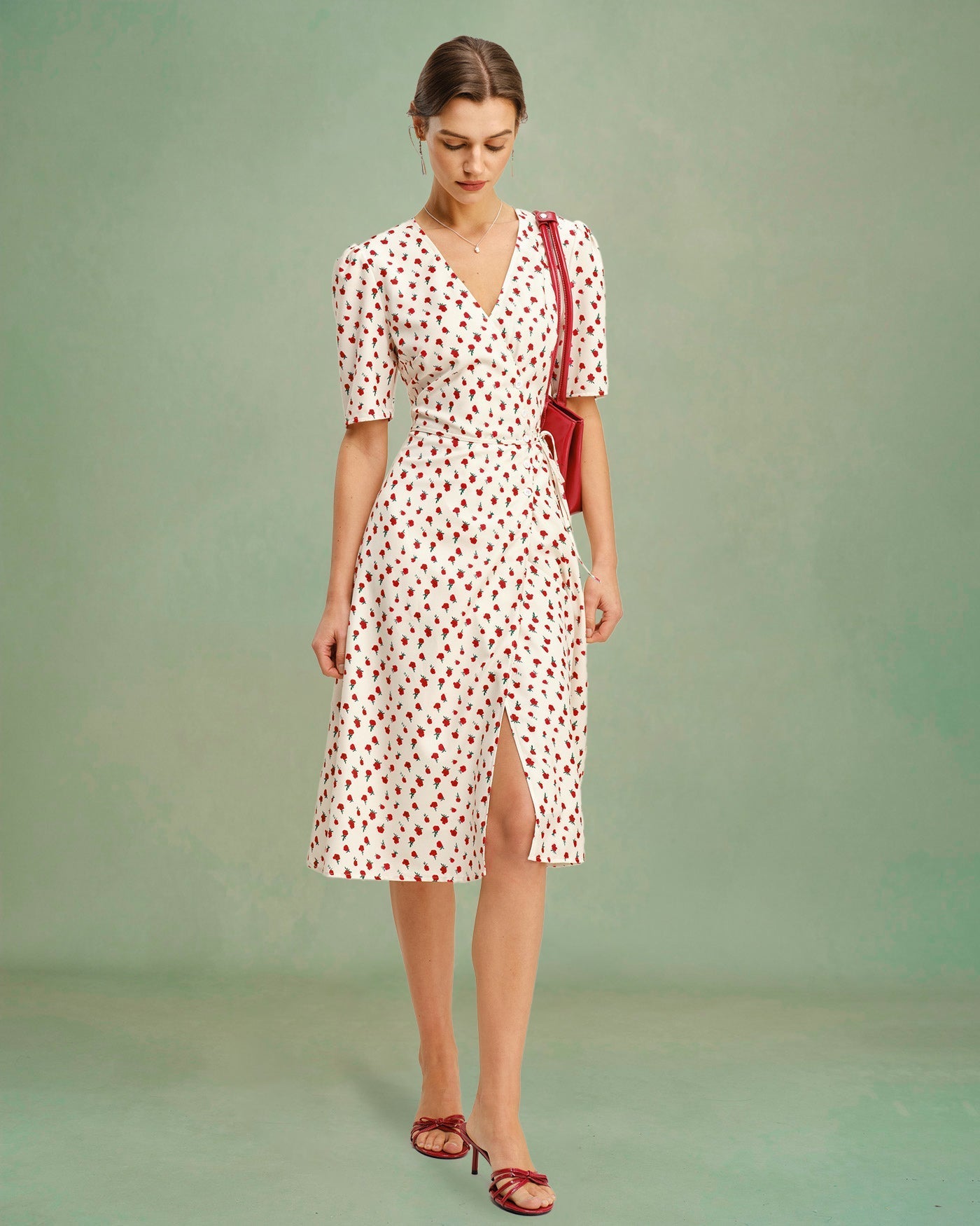Vestido midi floral com decote em V — Damasco