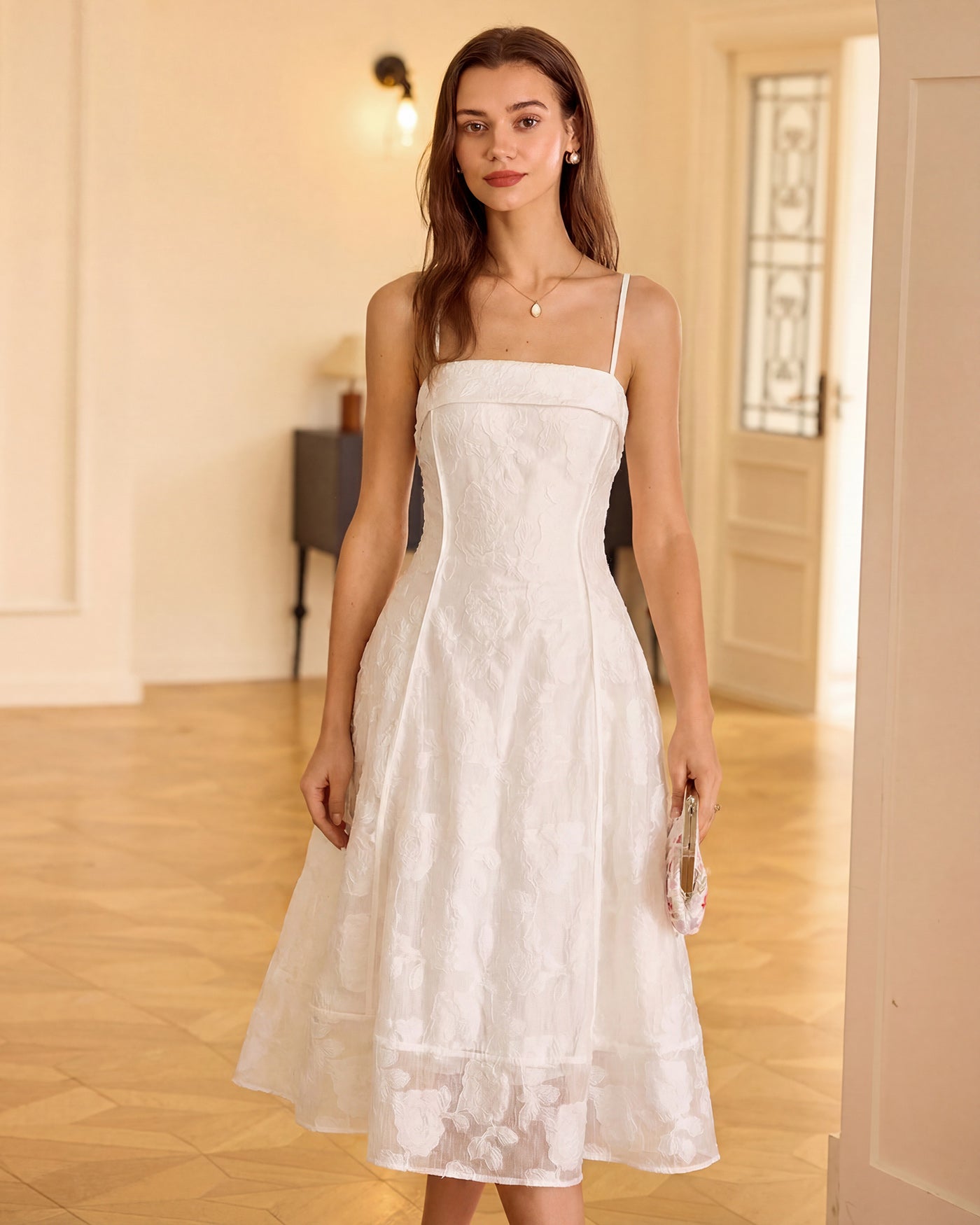 Vestido slip midi em jacquard com decote quadrado — Branco