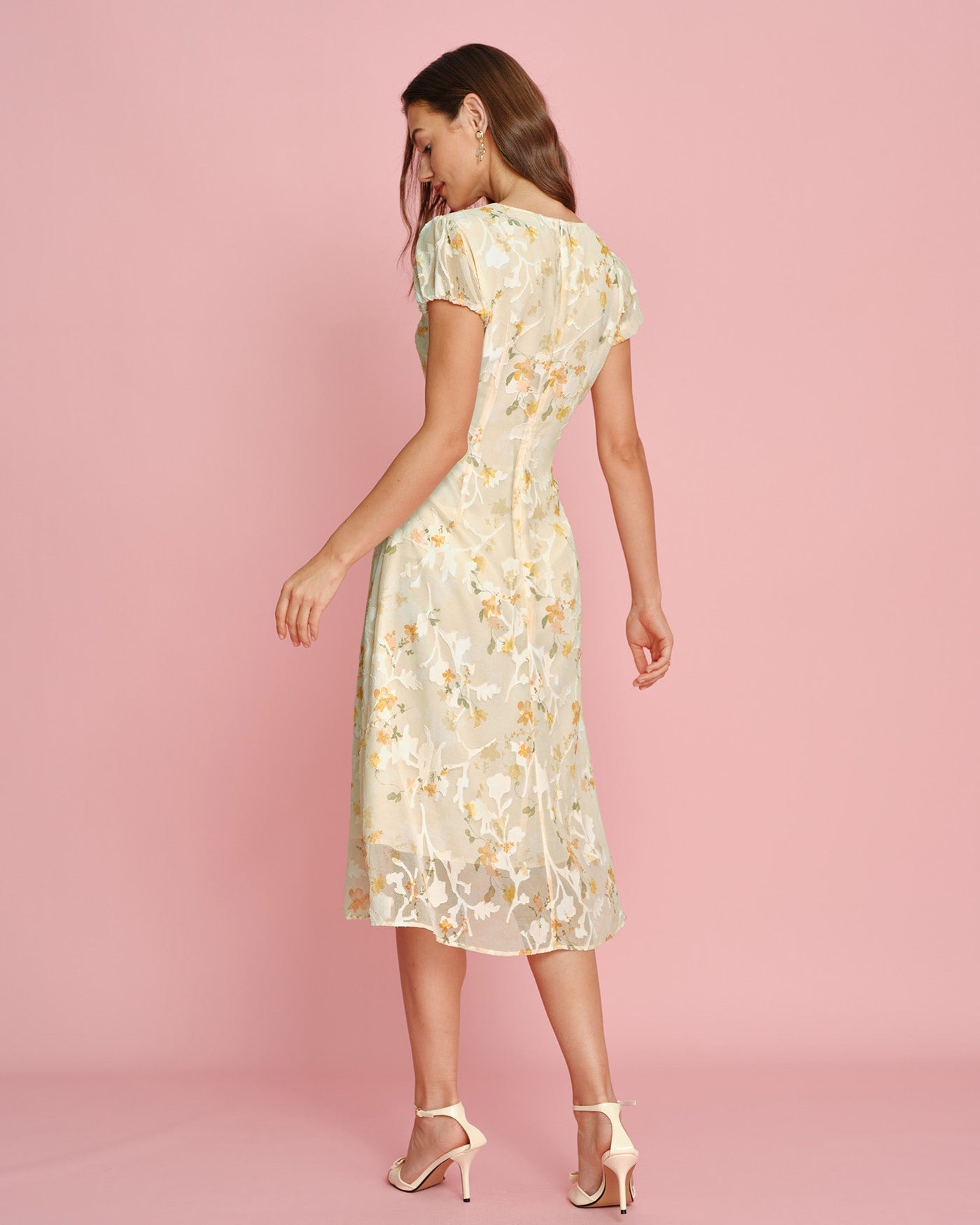 Vestido Midi Amarelo em Jacquard com Mangas Bufantes