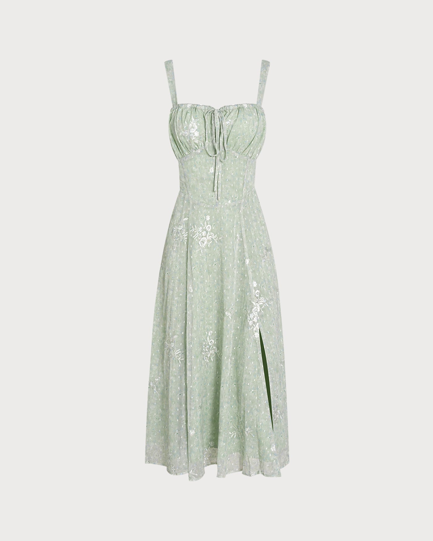 Vestido midi slip em jacquard verde com corte evasê