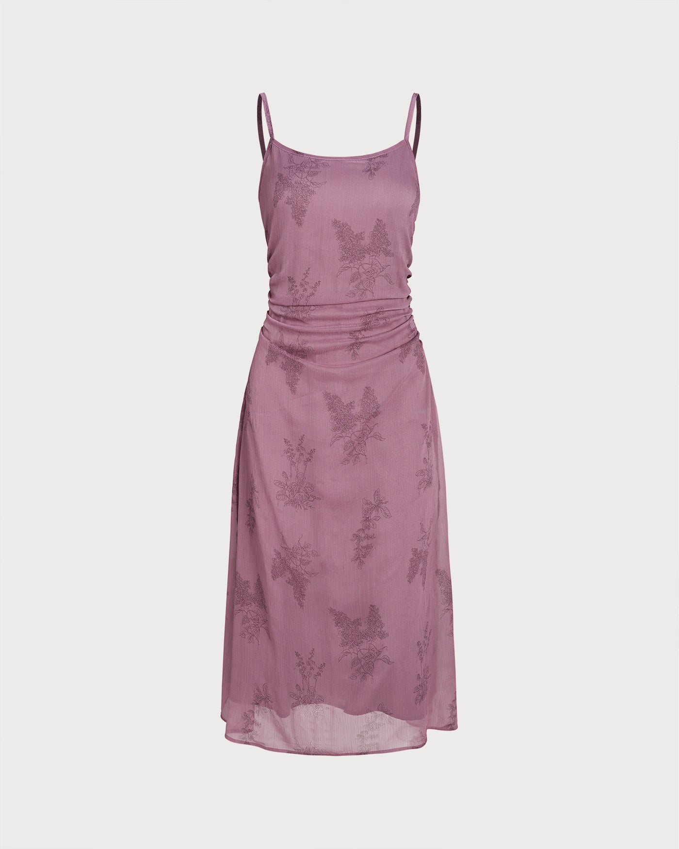 Vestido midi slip floral roxo com franzidos