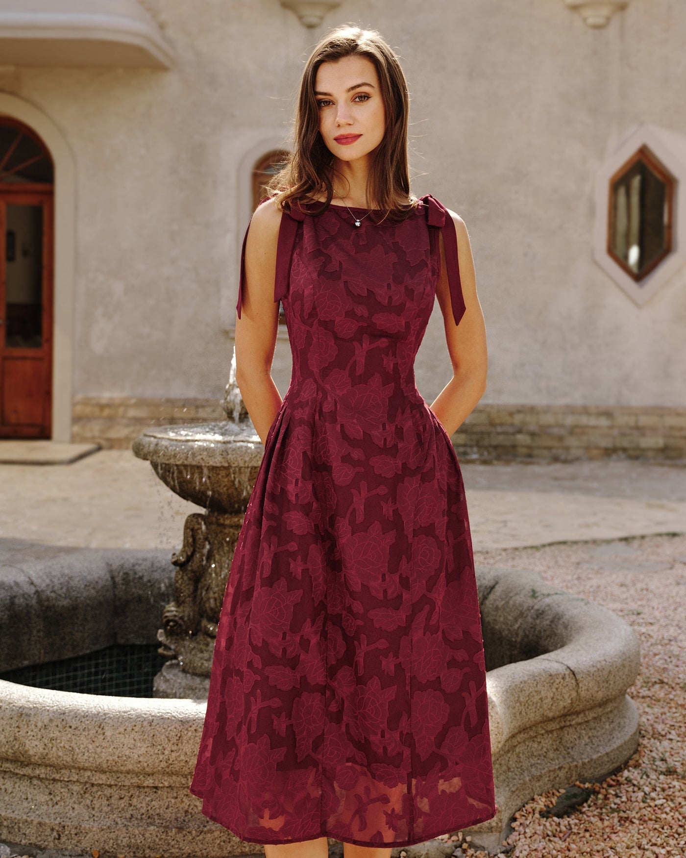 Vestido midi em chiffon jacquard vermelho