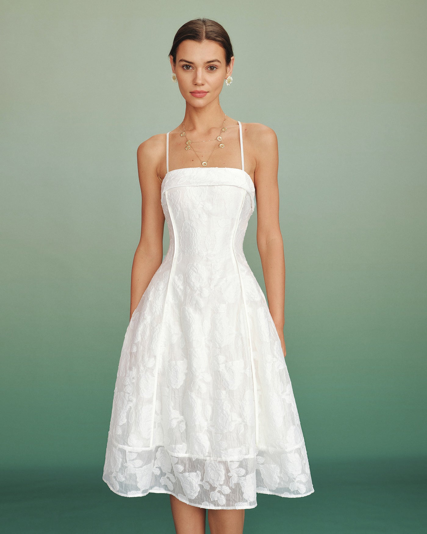 Vestido slip midi em jacquard com decote quadrado — Branco
