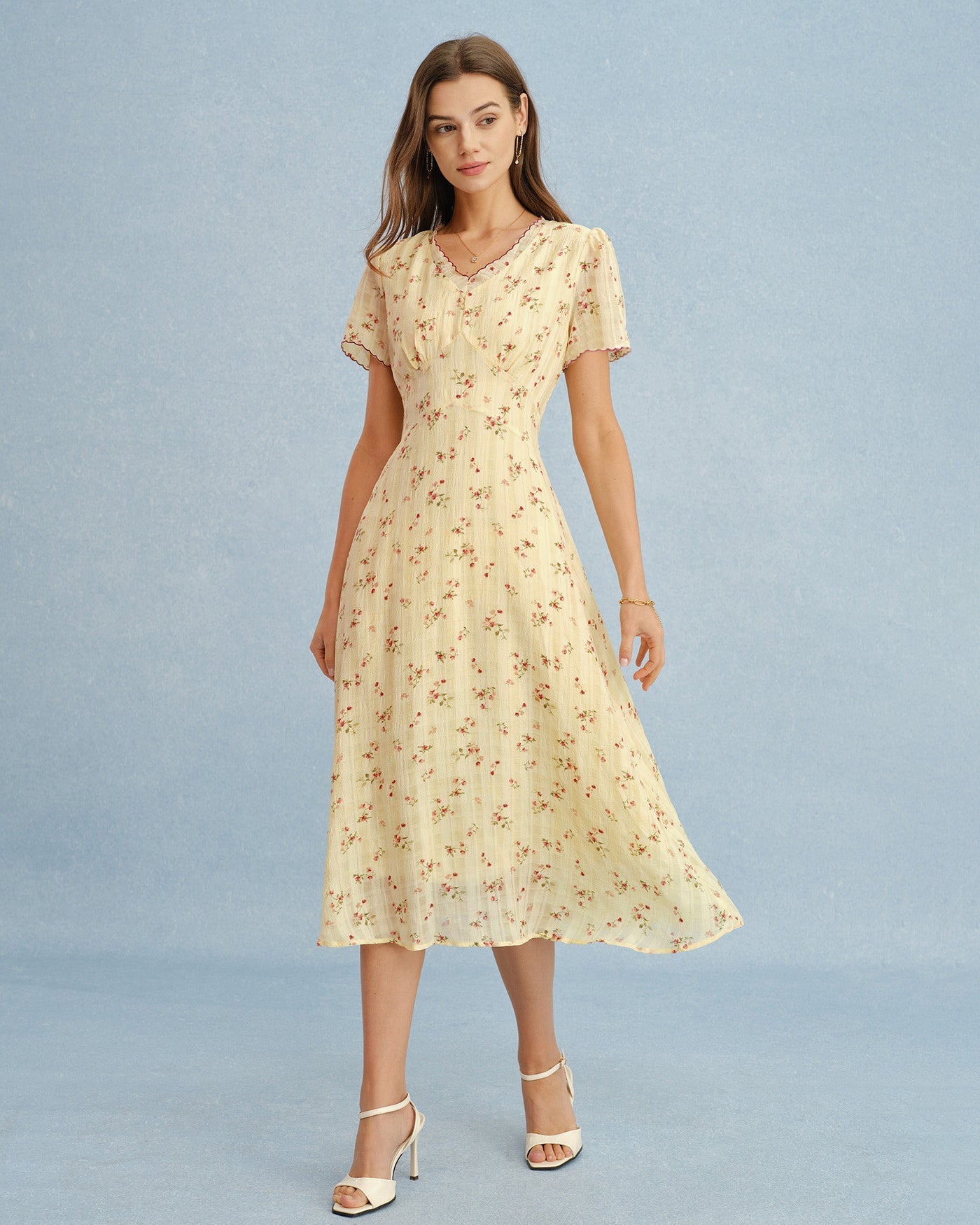 Vestido túnica midi floral com decote V - Amarelo