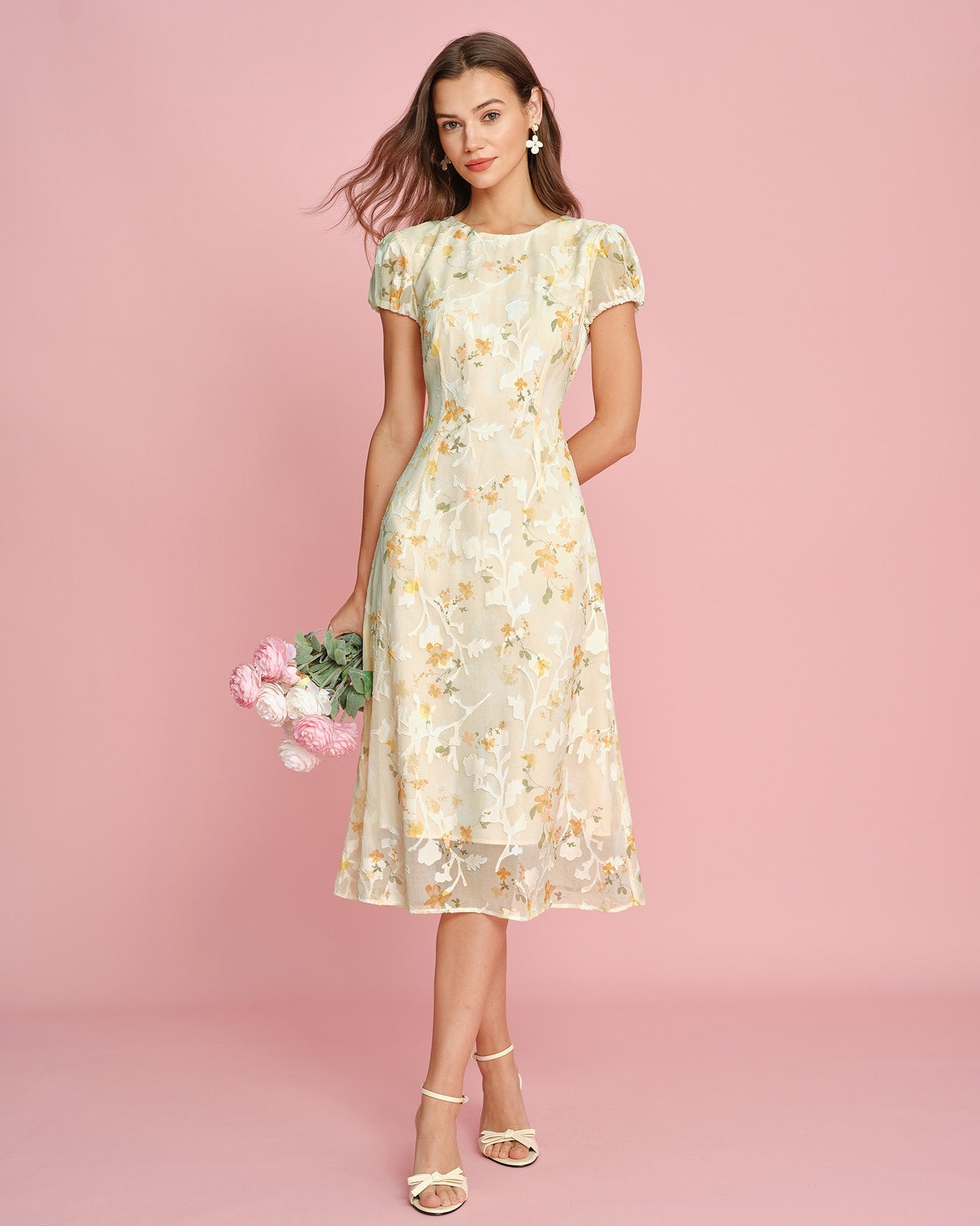 Vestido Midi Amarelo em Jacquard com Mangas Bufantes