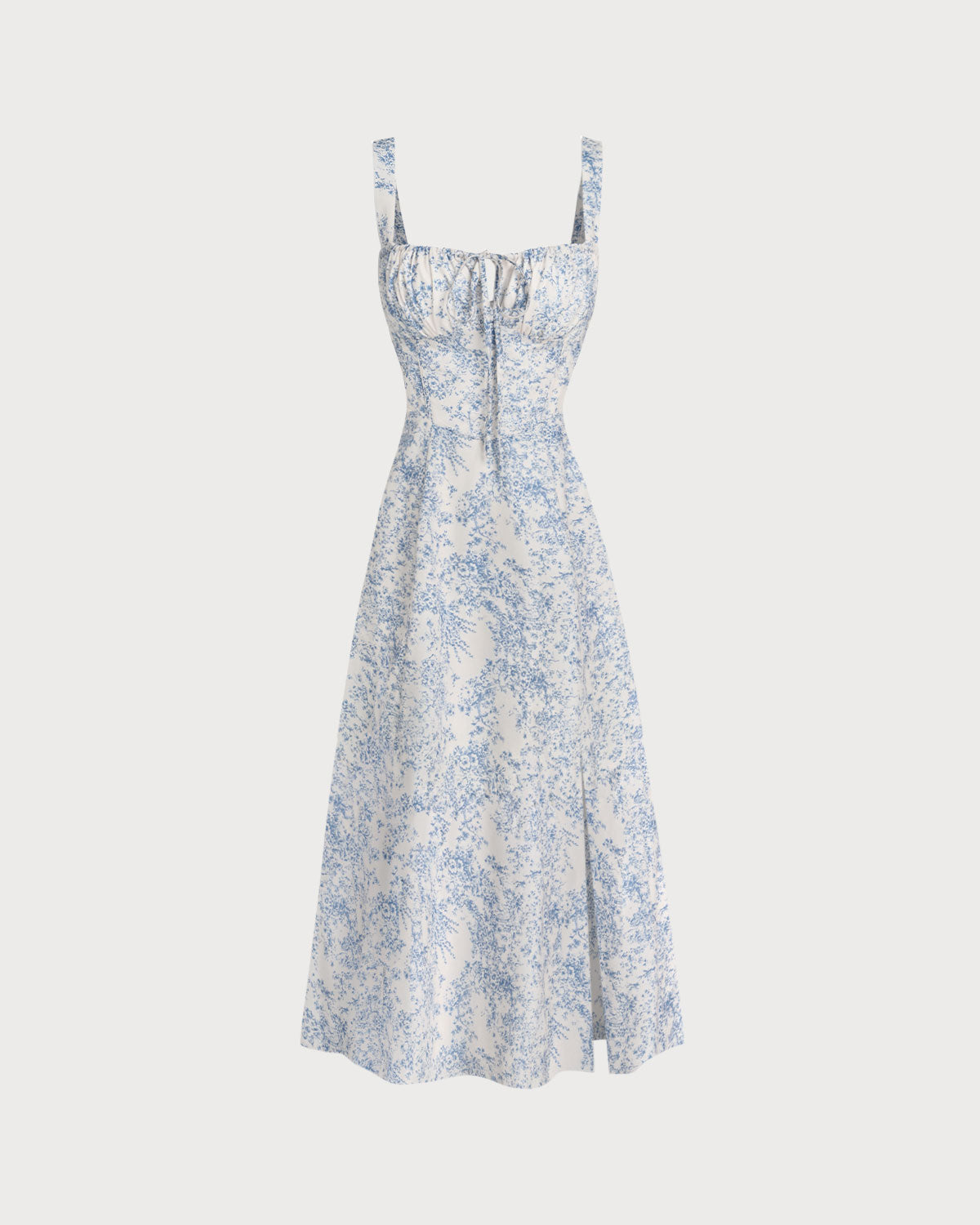 Vestido slip midi floral azul com franzidos