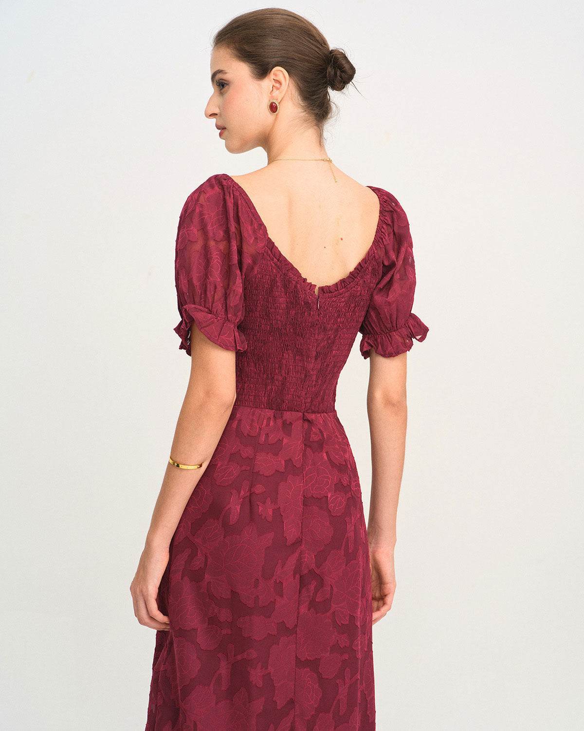 Vestido Midi Jacquard com Fenda - Vinho