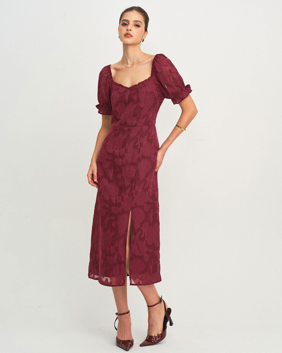 Vestido Midi Jacquard com Fenda - Vinho