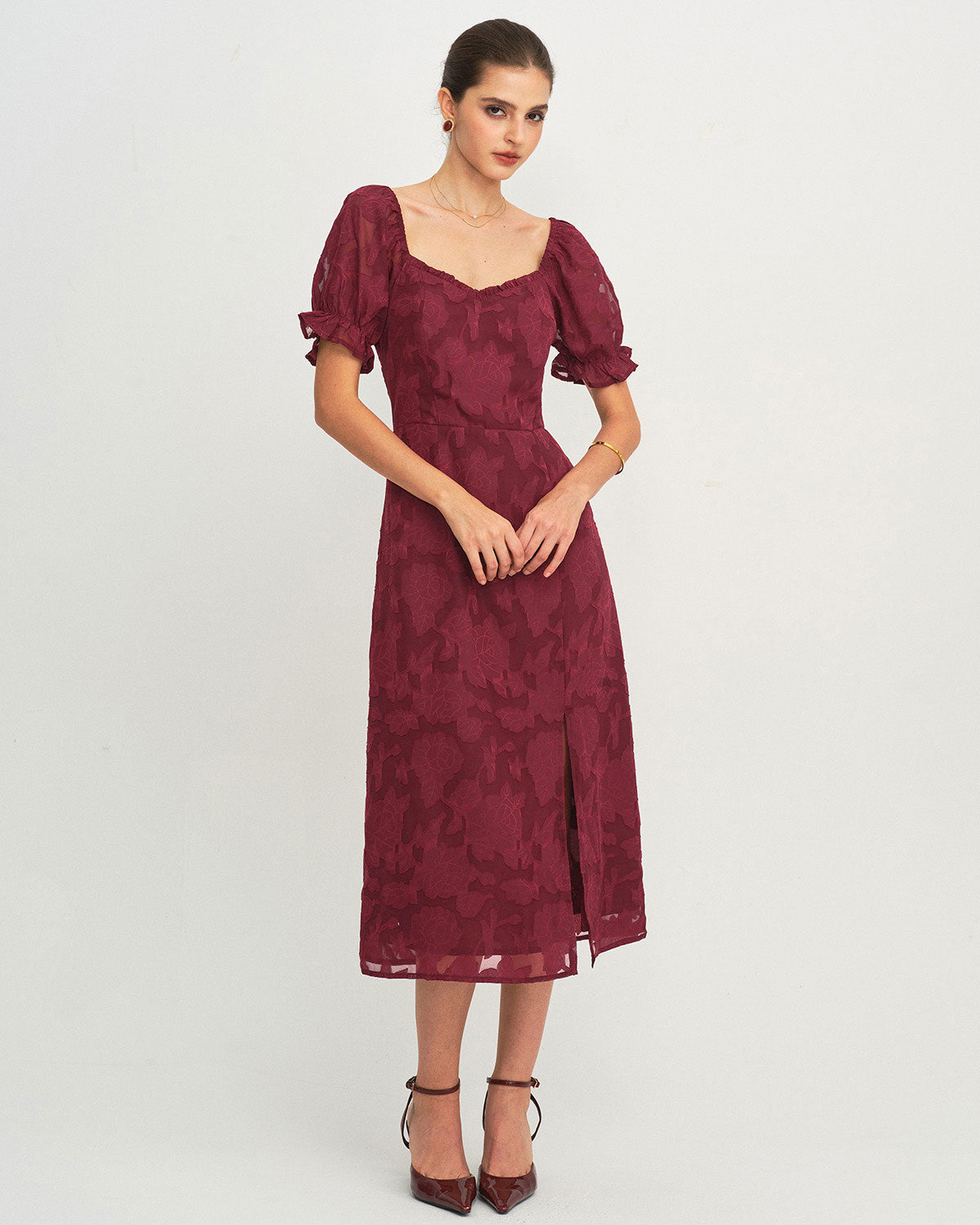 Vestido Midi Jacquard com Fenda - Vinho