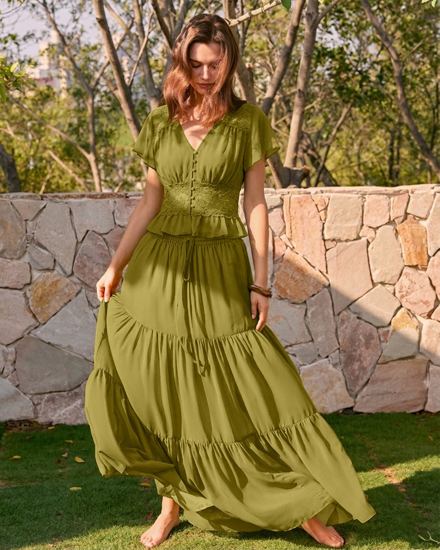 Saia longa de chiffon com cós elástico — Verde