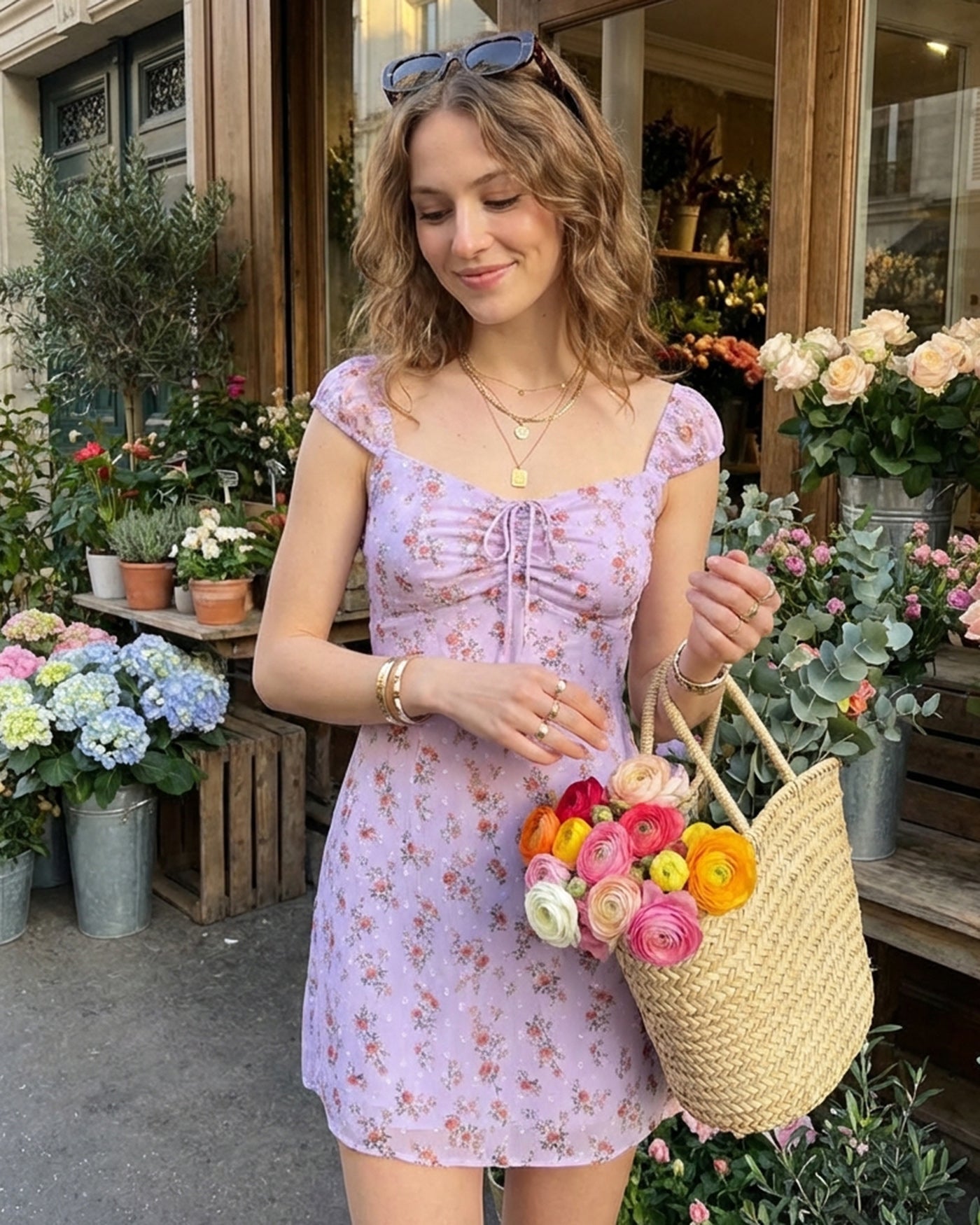 Vestido curto jacquard roxo com decote em coração