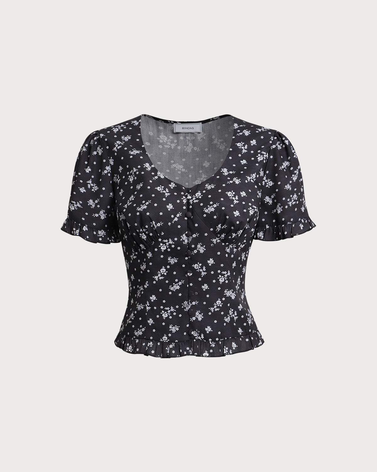 Blusa floral preta com decote em U