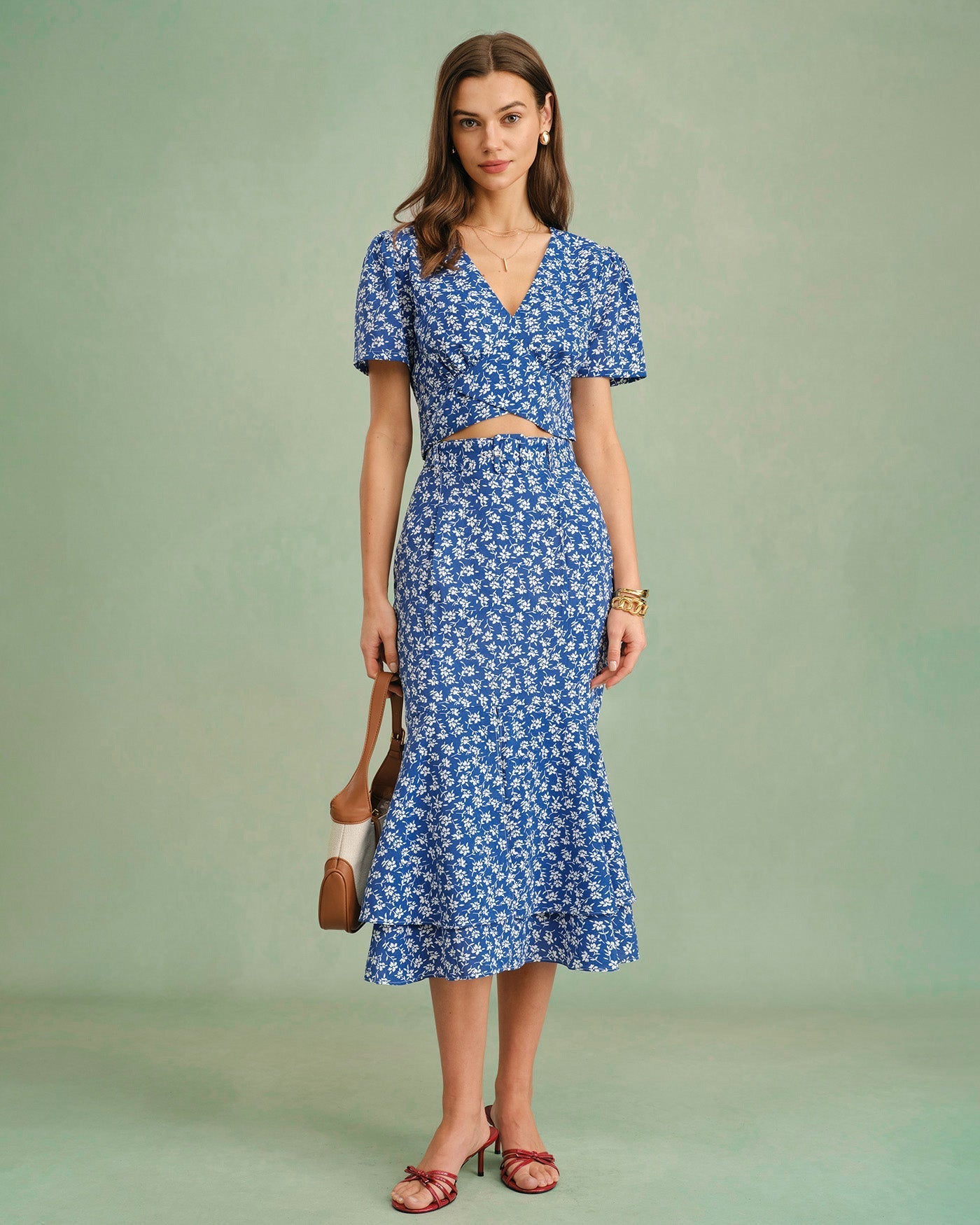 Saia Midi Sereia Floral Azul