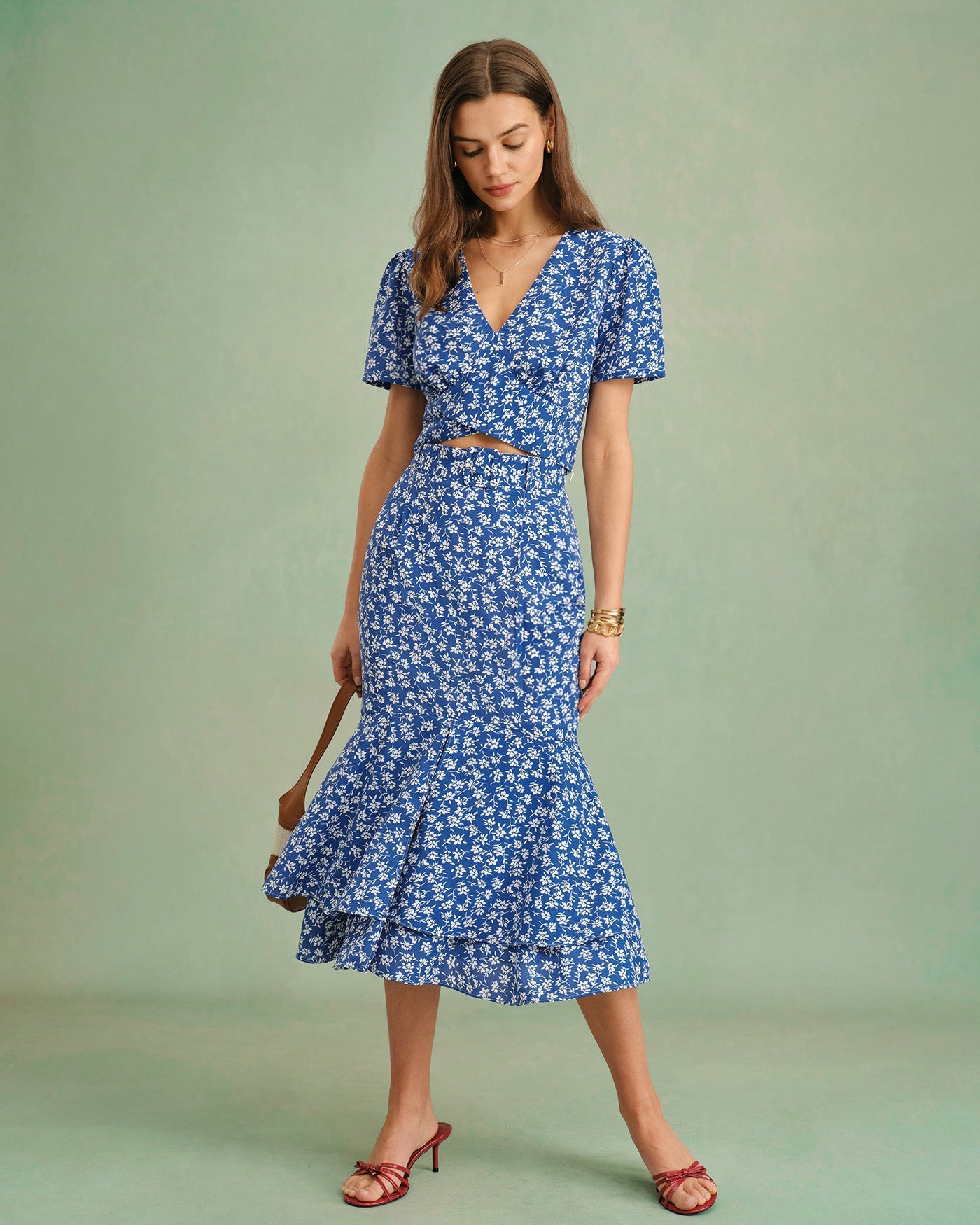 Saia Midi Sereia Floral Azul