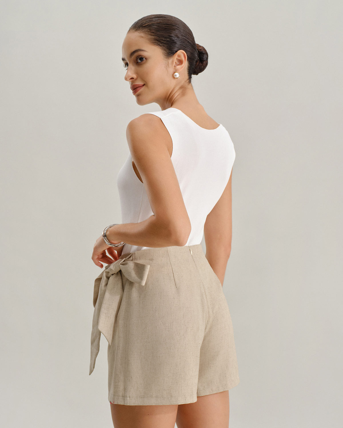 Saia-short evasê com franzido — Caqui