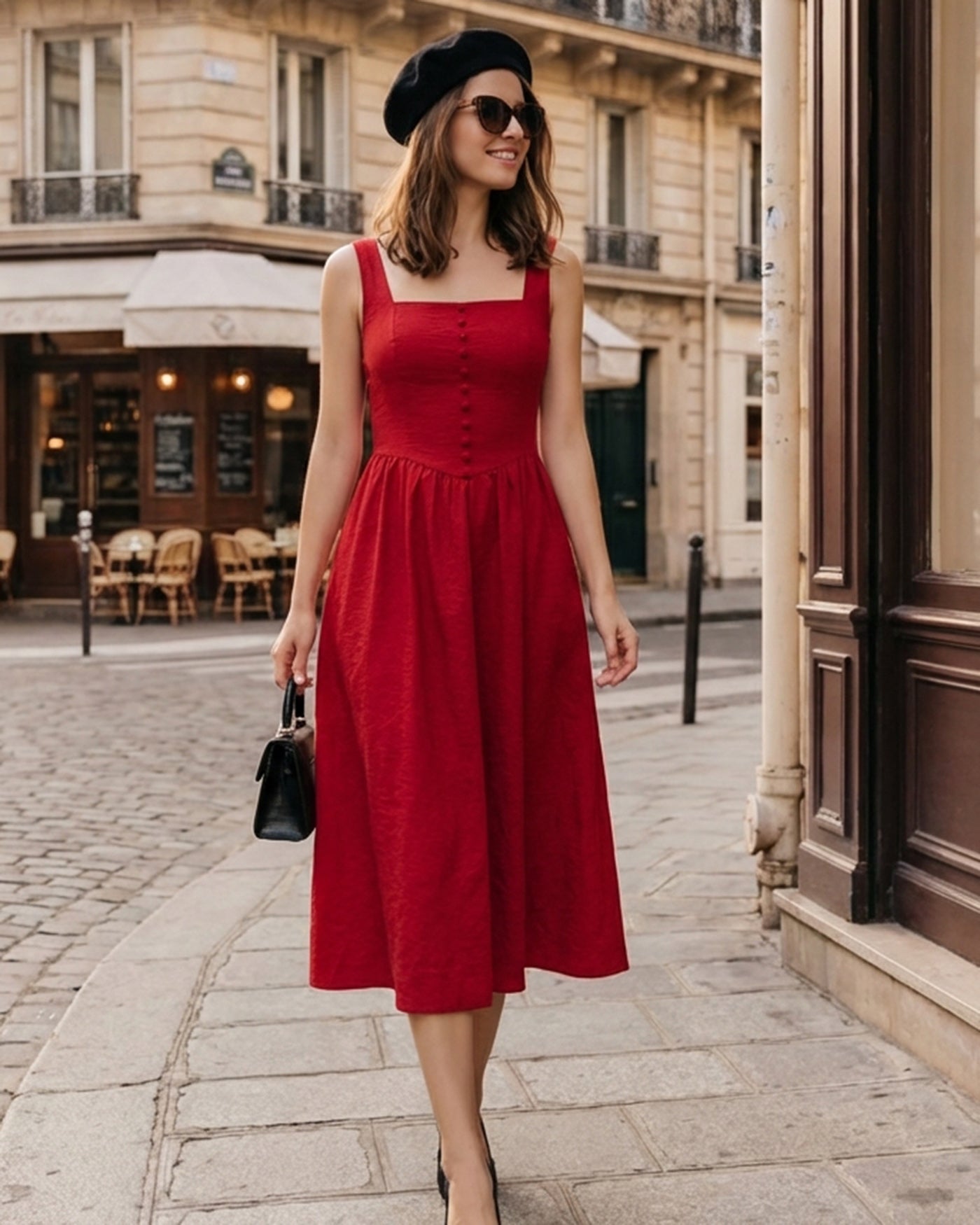 Vestido Midi Vermelho com Decote Quadrado
