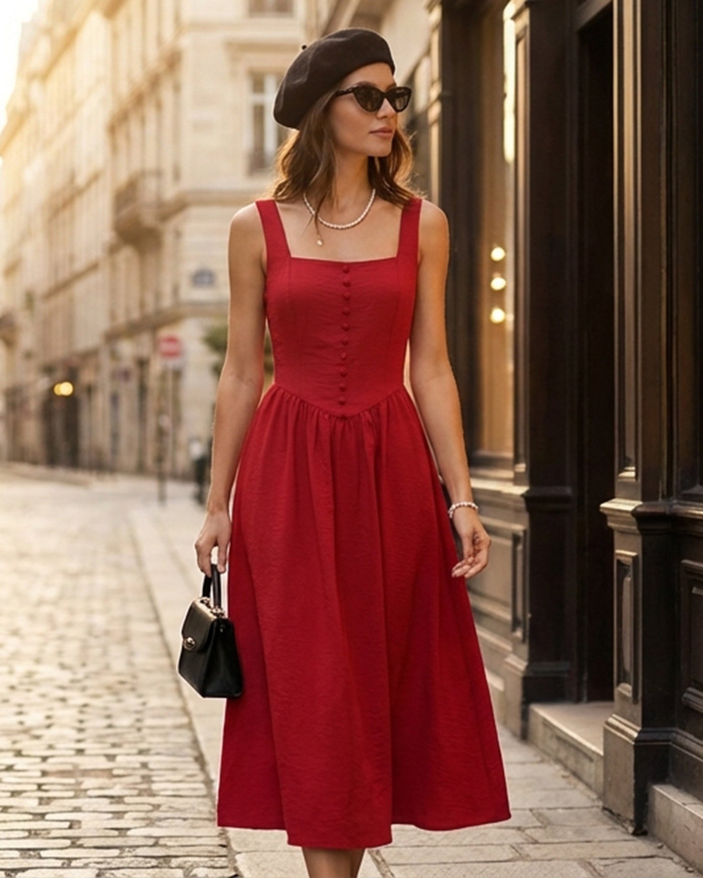 Vestido Midi Vermelho com Decote Quadrado