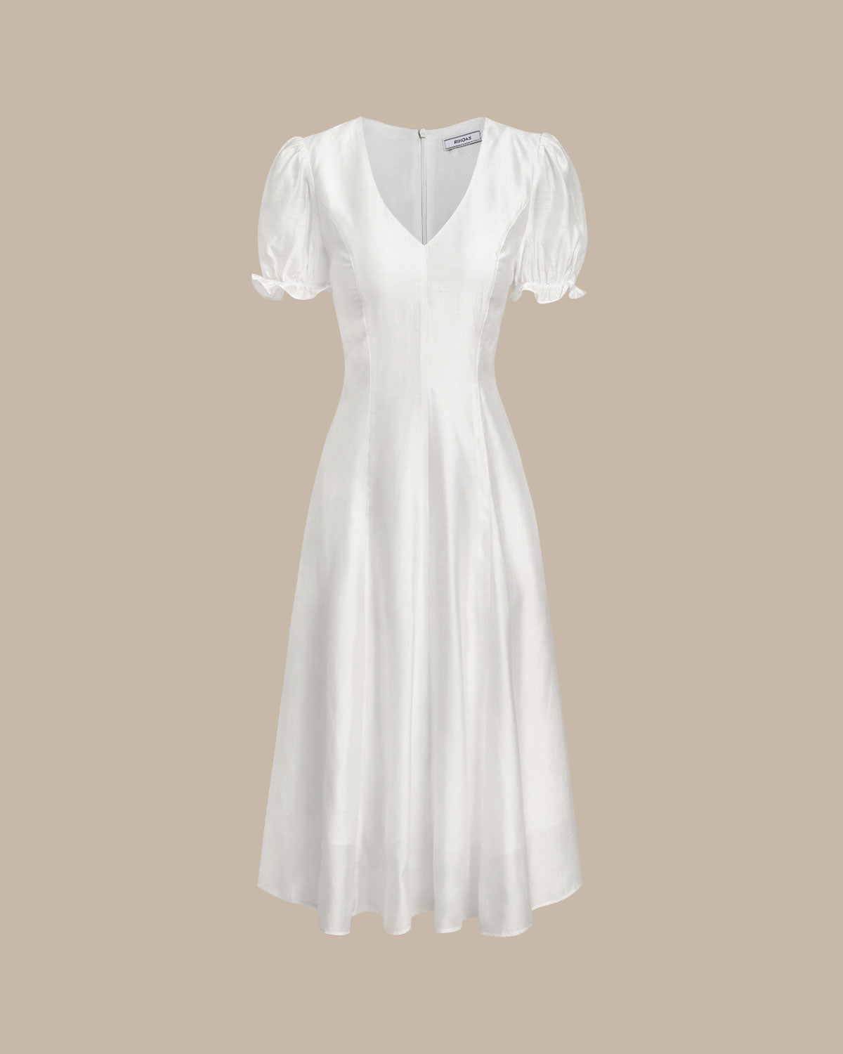 Vestido Midi Branco com Decote em V e Mangas Bufantes