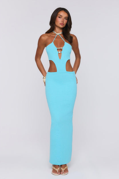 Vestido maxi de tricô com decote halter "Beachside In Cabo" — Água