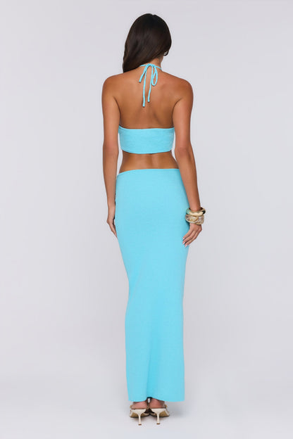 Vestido maxi de tricô com decote halter "Beachside In Cabo" — Água