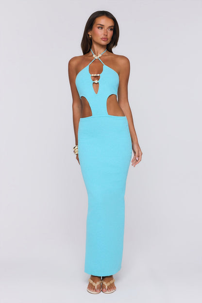 Vestido maxi de tricô com decote halter "Beachside In Cabo" — Água