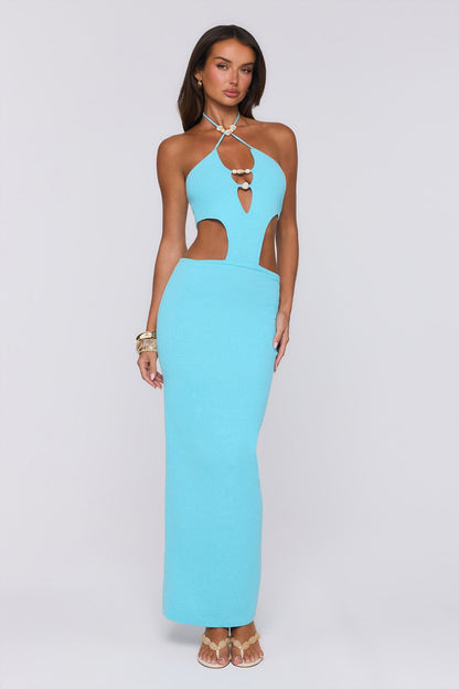 Vestido maxi de tricô com decote halter "Beachside In Cabo" — Água