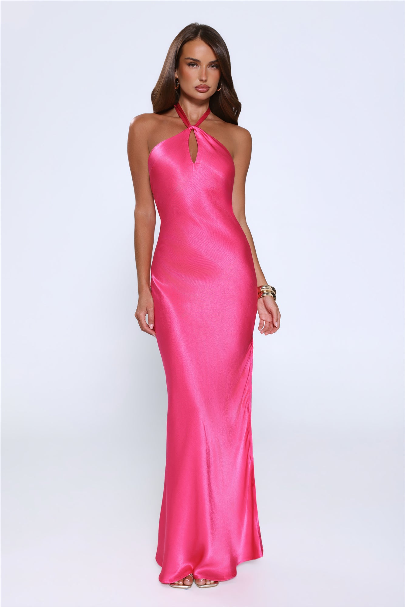 Vestido Longo Halter em Cetim Rule Her World — Magenta