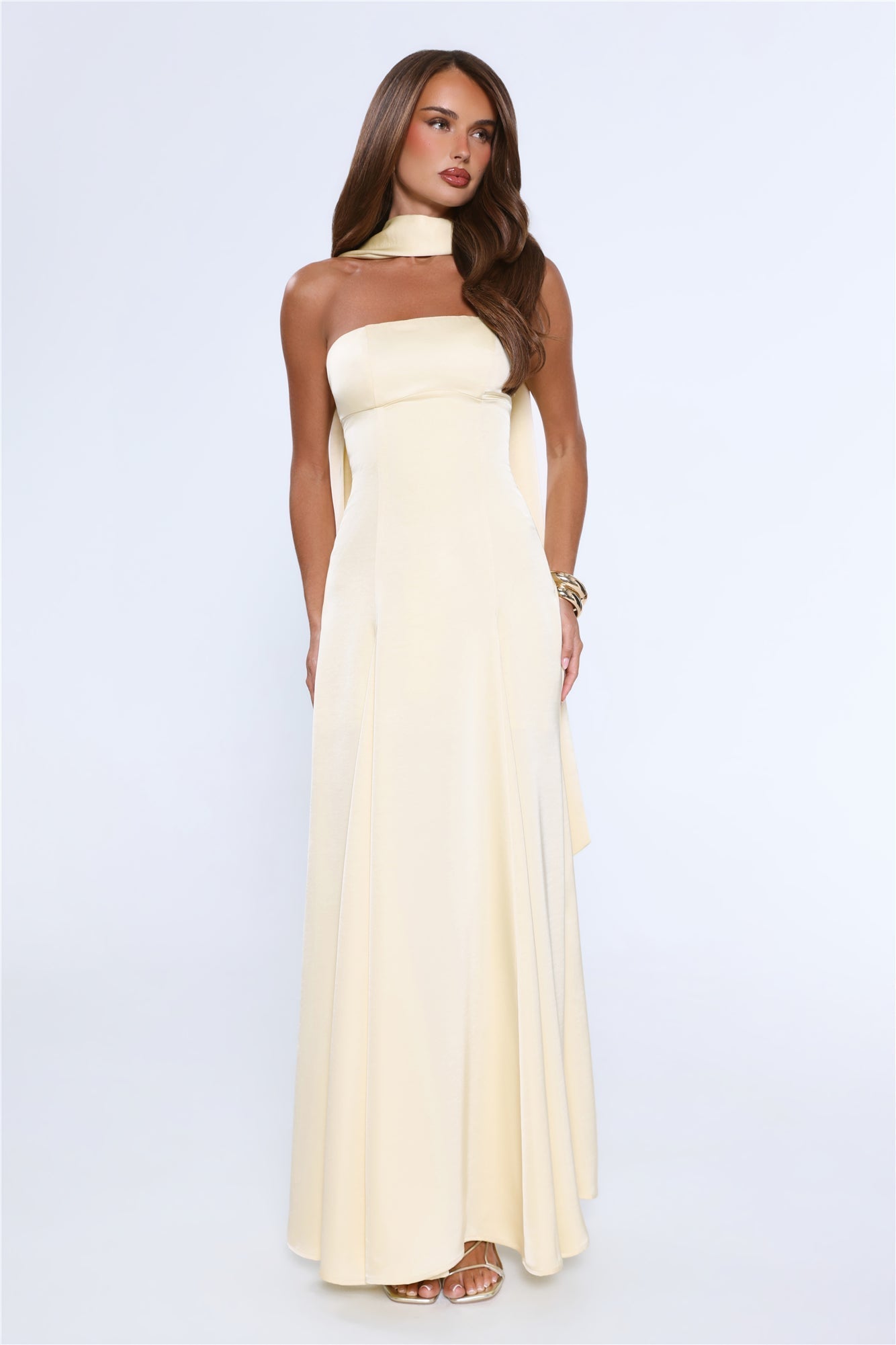 Vestido longo tomara-que-caia em cetim — Limão