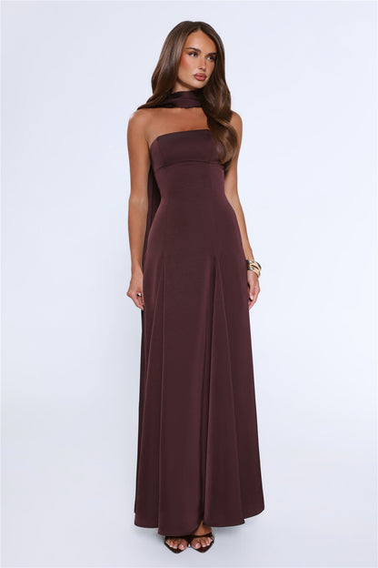 Vestido Longo Tomara-que-caia em Cetim — Chocolate