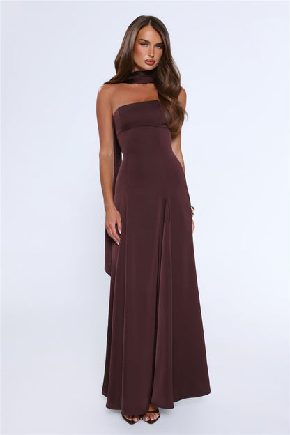 Vestido Longo Tomara-que-caia em Cetim — Chocolate