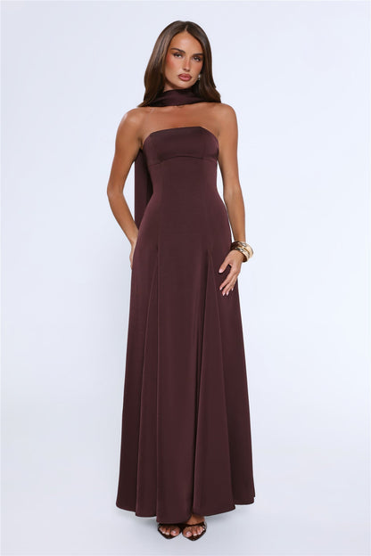 Vestido Longo Tomara-que-caia em Cetim — Chocolate