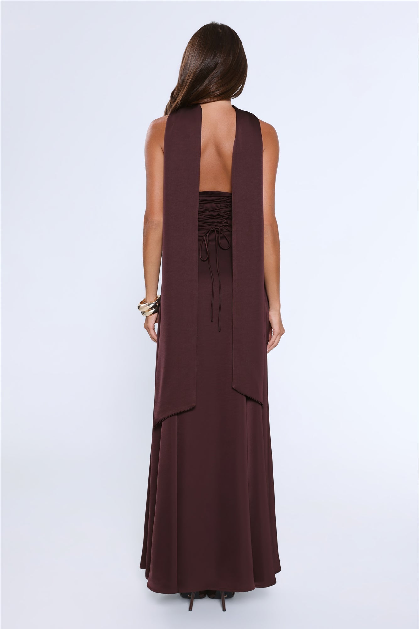 Vestido Longo Tomara-que-caia em Cetim — Chocolate